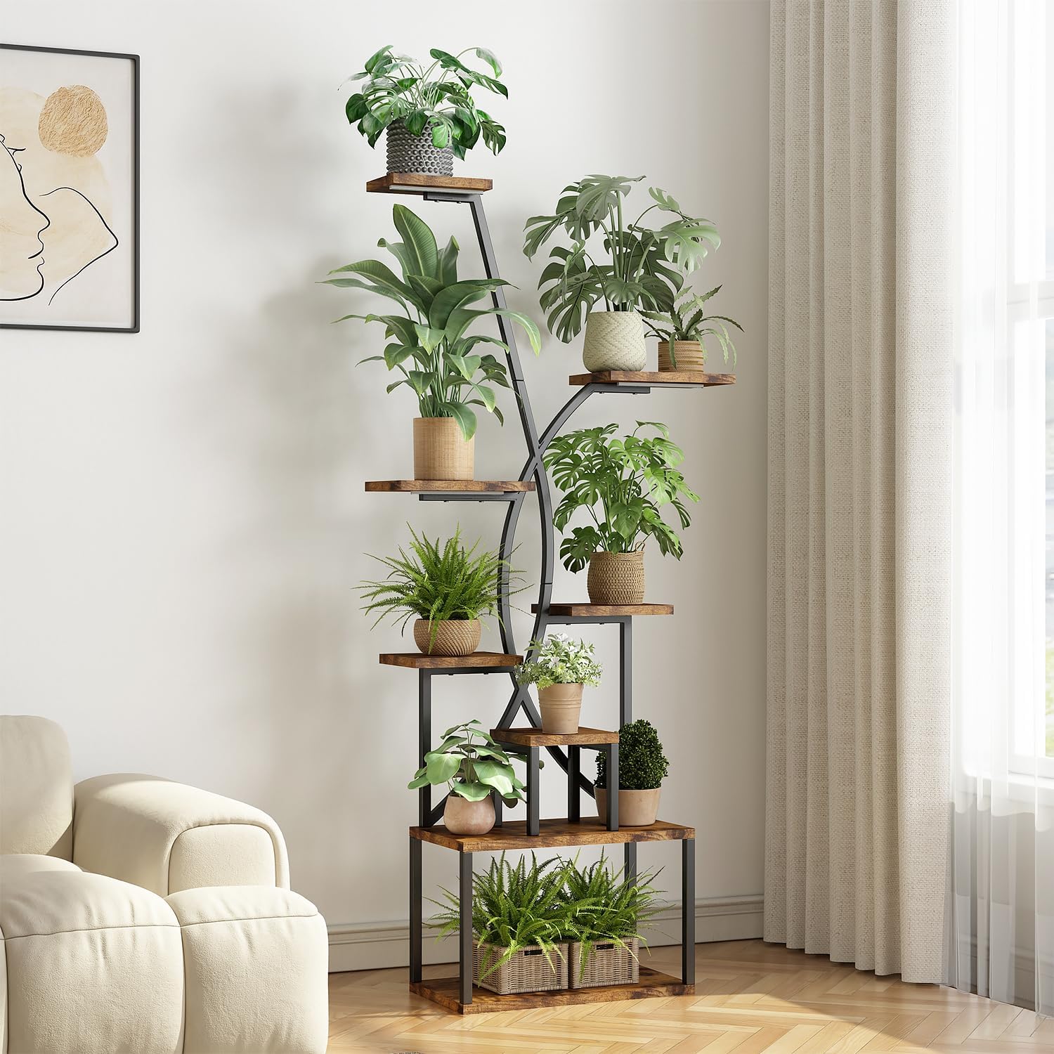 Plant Stand Indoor with Grow Lights 65" Tall Lighted Corner Plant Stands for Indoor 8 Tiered Metal Plant Shelf Large Flower Holder Curved Dispaly Rack for Living Room Patio Balcony,Brown