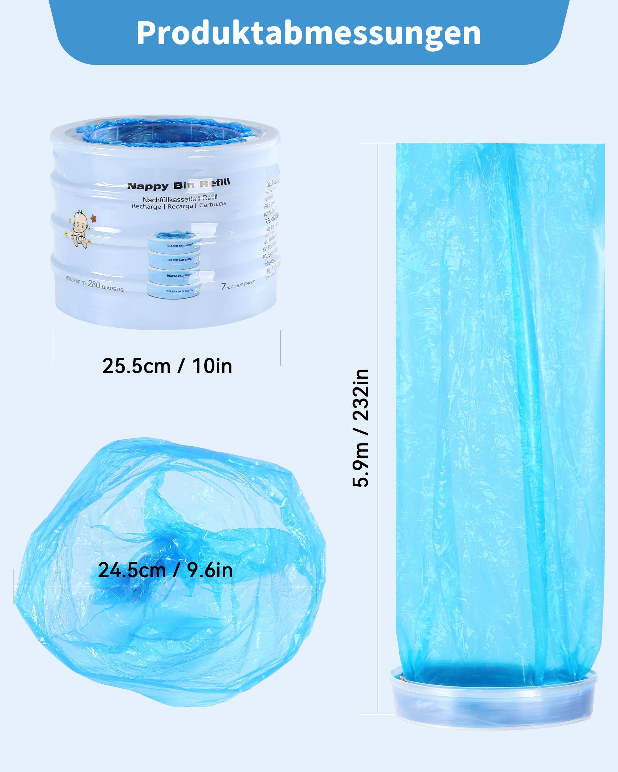 8 Stück Windeleimer Nachfüllkassetten, Nachfüllfolie Windelmülleimer, Windelbeutel Kompatibel mit Angelcare, nicht Kompatibel mit Dress up & Dress up XL & Classic XL und Tommee Tippee