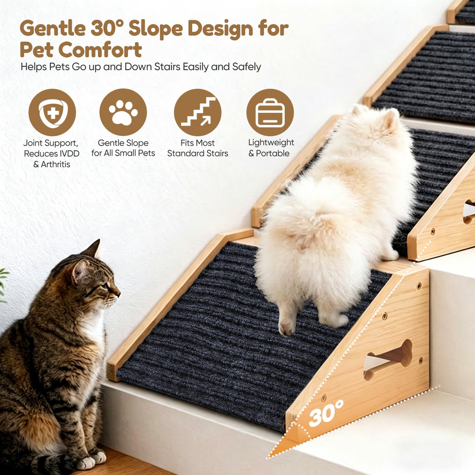 4 scale per cani di piccola taglia, in legno | Scaletta antiscivolo per cani con tappeto, rampa per cani di piccola taglia, angolo basso, per letto e divano