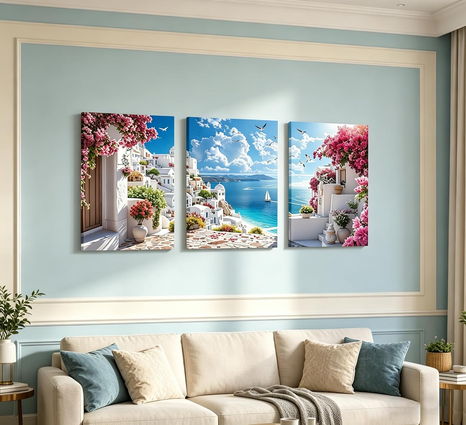 3Pcs Framed Canvas Wall Art Santorini Greece Blue White Seascape | Mediterranean Paintings, Coastal Pictures Posters Prints, For Living Room Bedroom, Home Office Wall Decor Decoration