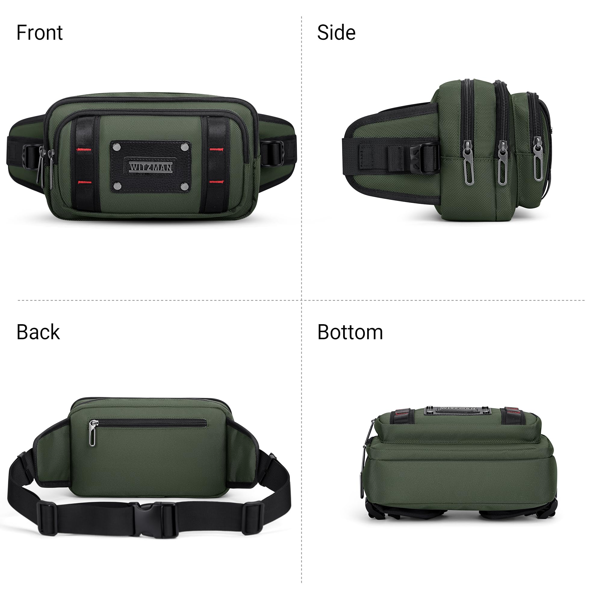 Witzman Sac Banane pour Homme, Sac Ceinture Décontracté Résistant À L’Eau | Sacoche 4L, Poche Anti-Vol Arrière, Compatible Grand Téléphone, Parfait Pour Voyage, Randonnée, Course , Vert