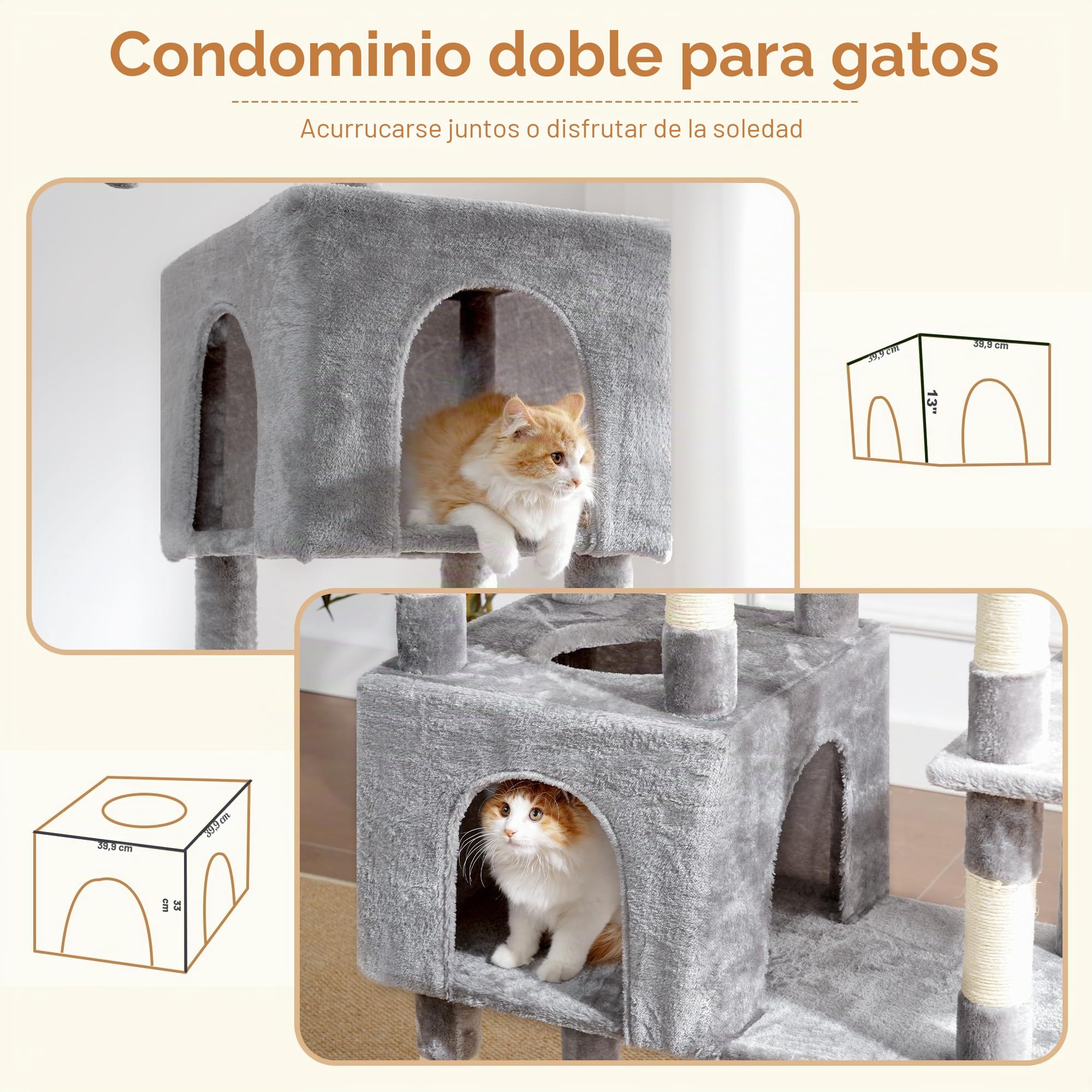 Heybly Rascador Para Gatos Grandes, 193 cm Torre para Gatos con Base Grande de 5 Postes para Máxima Estabilidad, Incluye 2 Cuevas, 1 Hamaca, 1 Cesta y 10 Postes Rascadores de Sisal, Gris Claro HCT039W