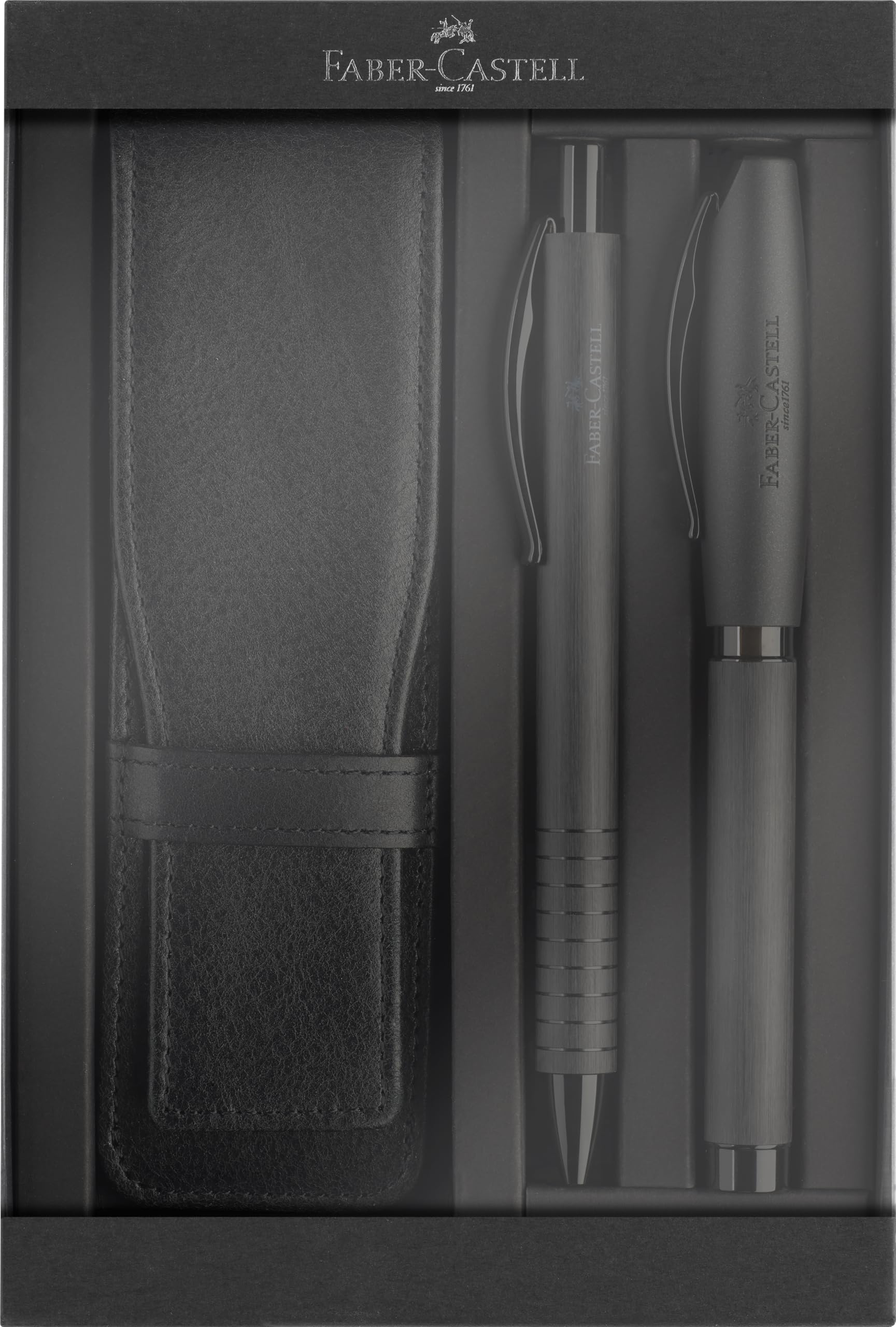 FABER-CASTELL 202189 Essentio Black Aluminium Gift Set with Fountain Pen, Ballpoint Pen and Pen Case - Elegant Writing Set