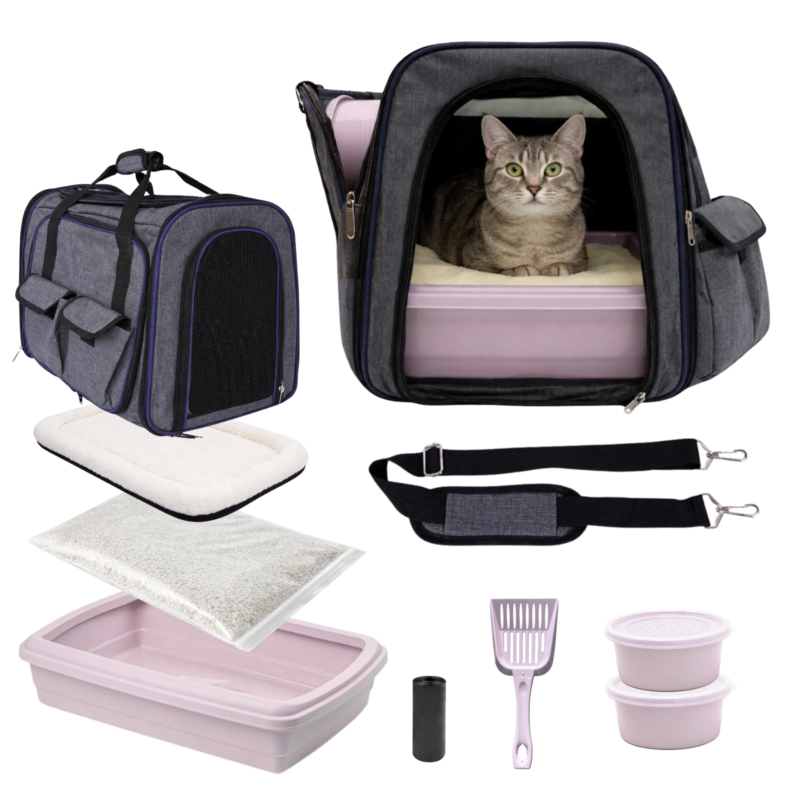 Complete Kit Cats Accessories: Transport Large Cat and Litter Box Cats, Feeder, Drinker, Bed and Shovel – Ideal for Travel, Car, Holidays and Welcome to Home (Pink)