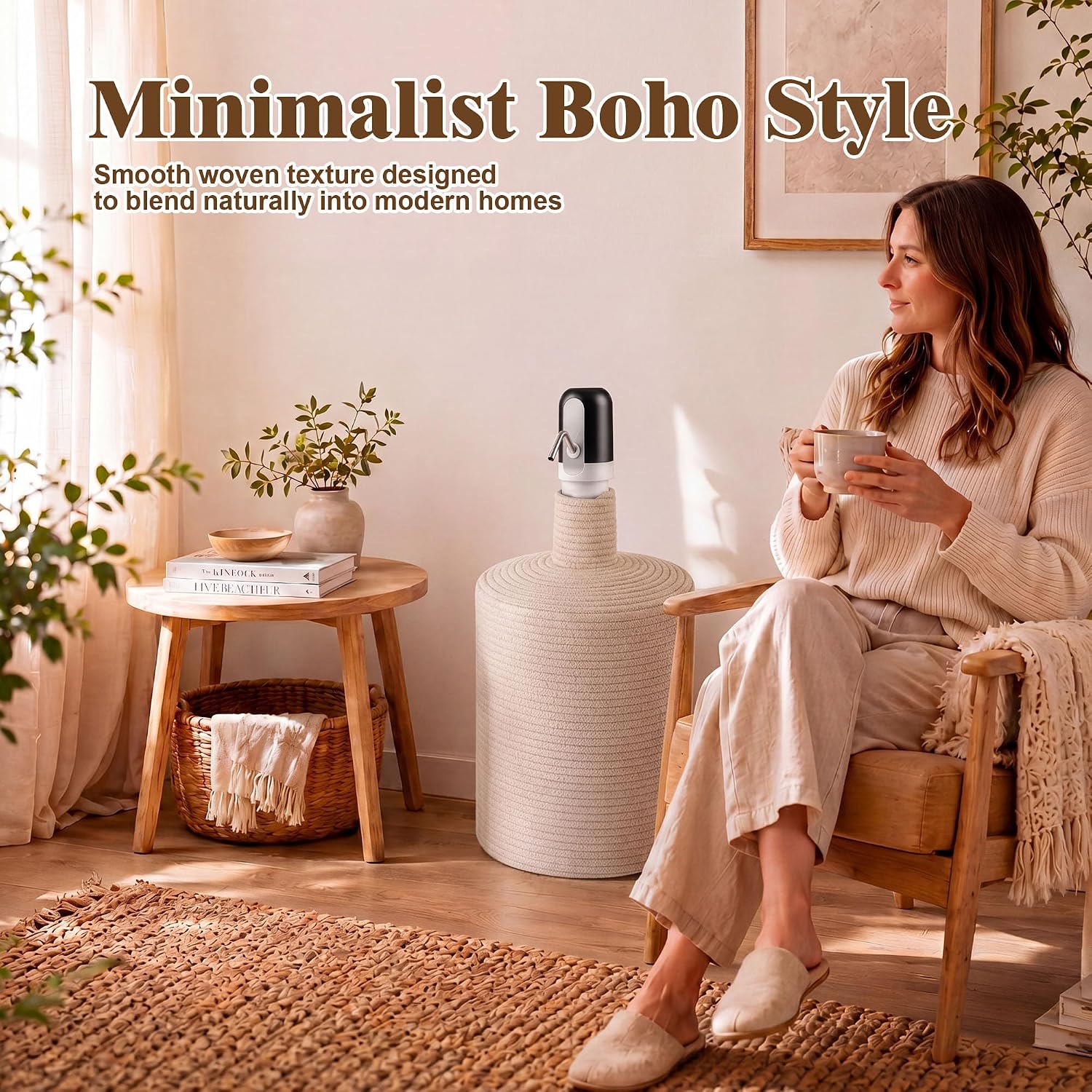 5 Gallon Water Jug Cover. Woven Jute Water Jug Cover Compatible with USB Electric Waters Pump Bottle Holder, Dispenser Stand, Well Pump Cover Decorative(Pumps NOT Provided)(Neutral White) image 4