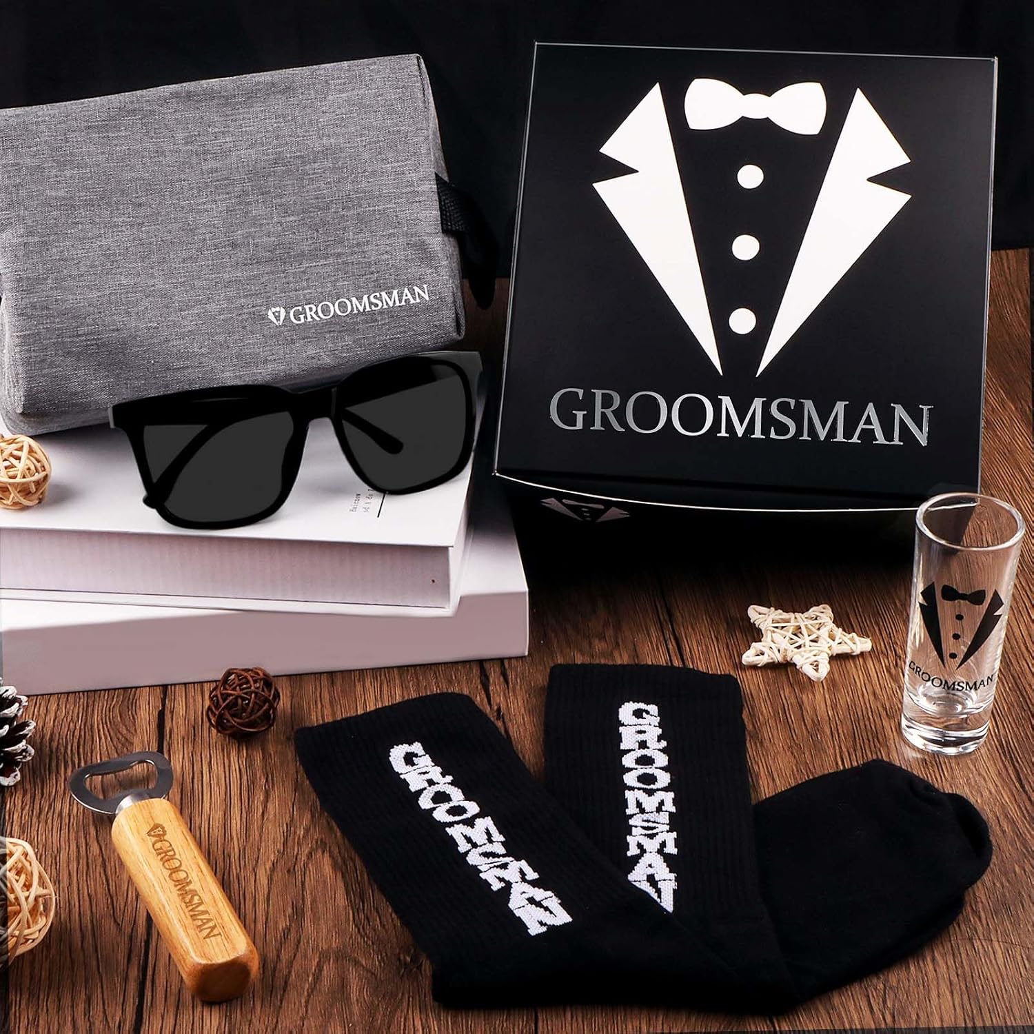 Groomsmens Gifts Set of 5,Groom Best Man Groomsmen Proposal Gifts,2oz Shot Glass,Black Sunglasses,Oxford Bags,Bottle Openers,Black Proposal Boxes,Socks,Wedding Bachelor Party for Groom