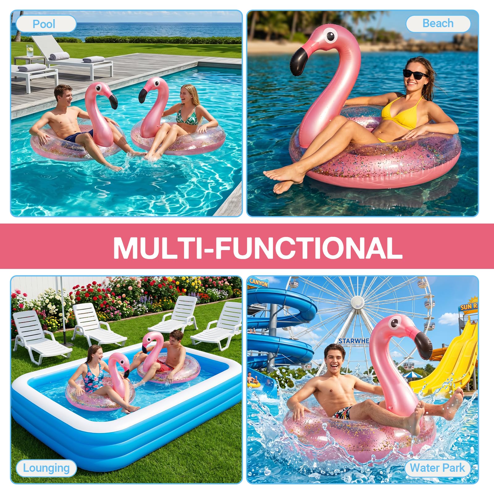 Fenicottero Gonfiabile Adulti, Anello da Nuoto Gonfiabile Piscina, Fenicottero Gonfiabile, Piscina e Giochi d'Acqua in Spiaggia, Festa estiva