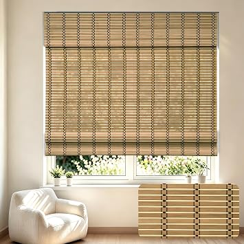 Changshade Cordless Bamboo Roman Shades for Window, Natural Woven Wood Roll Up Roman Blinds, Light Filtering Free Stop Bamboo Shades, Easy Install for Bedroom Living Room, Highfield Teak,34"W x 64"H