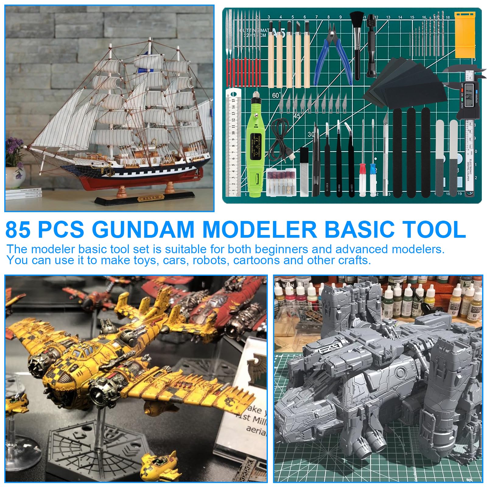 Outils de Modelisme, 85 Pièces Gundam Modèle d'outils Kit, Ensemble d'outils de Construction de Loisirs, avec Lime, Foret, Pied à Coulisse Numérique, pour L'assemblage Réparation de Modèles