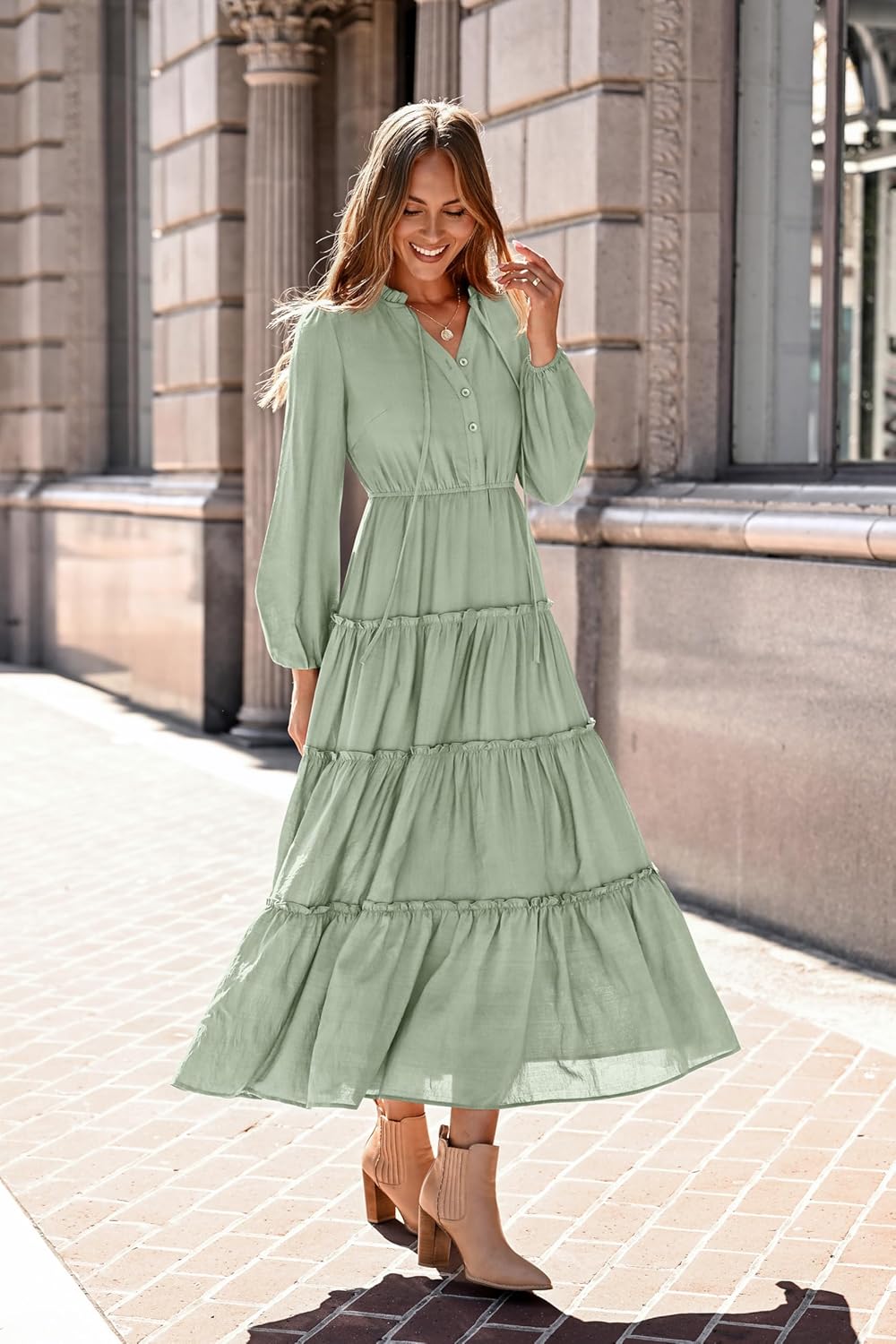 MASCOMODA Fall Long Sleeve Maxi Dresses for Women 2025 Casual Boho Button Ruffle Neck Tiered A Line Flowy Wedding Guest Dress - Image 3
