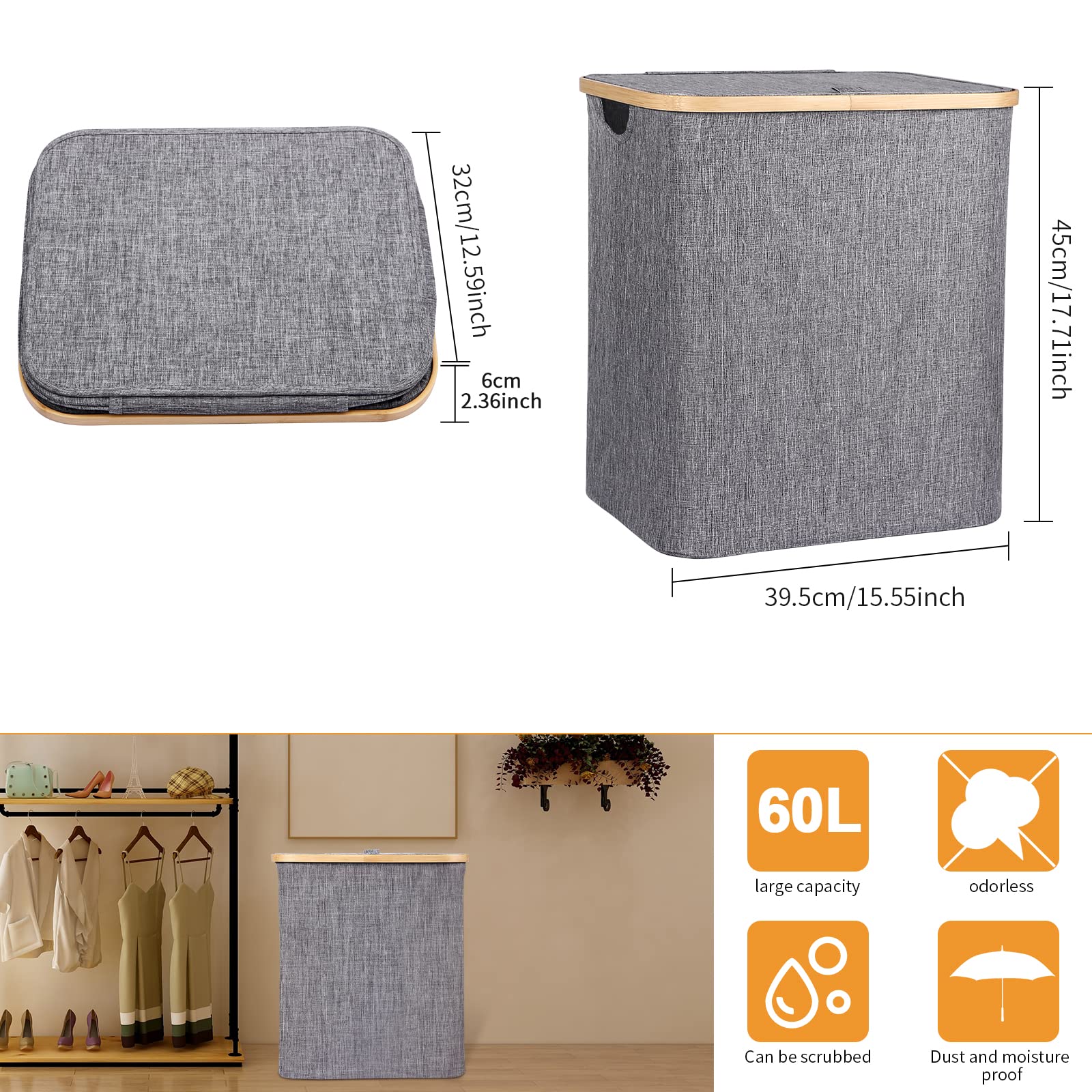 Cesto Portabiancheria Cesto per Biancheria con Coperchio Cesto Portabiancheria Sporca Pieghevole per Bagno o Lavanderia, Vestiti Giocattoli Organizzazione di Vestiti, 60L Grigio 2
