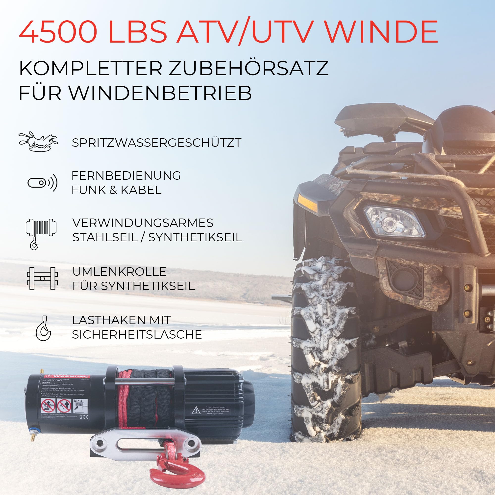 ROTFUCHS Elektrische Seilwinde 12 Volt - 4500 lbs Motorwinde Seilzug, mit Montagehalterung und Fernbedienung, Power Offroad Winde 2041 kg, ATV UTV kompatibel, Synthetikseil