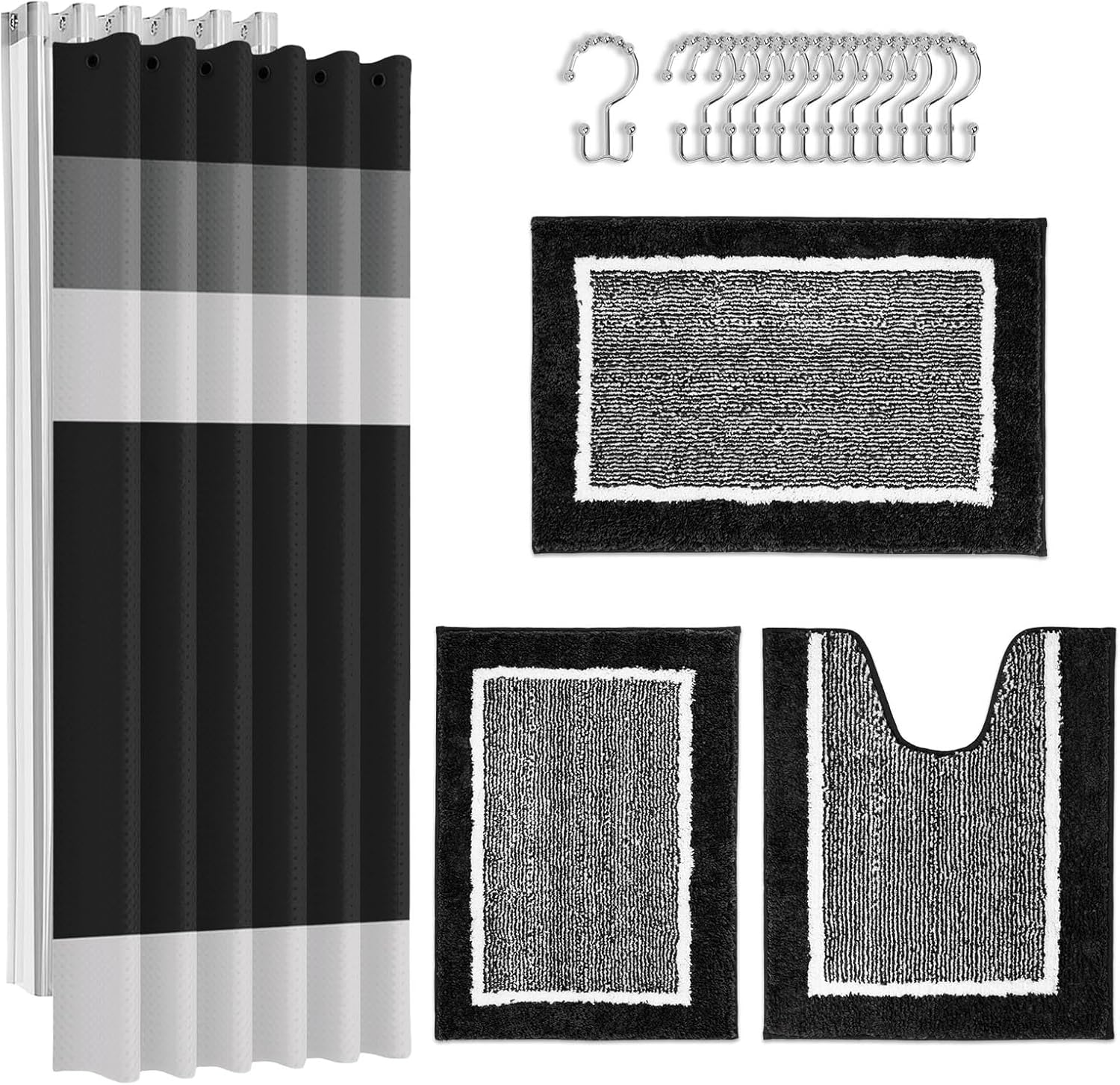 Britimes Black Stripes Bathroom Sets with Shower Curtain and Rugs, Ombre Striped Modern Minimalist Waterproof Shower Curtain Liner and Soft Non Slip Bath Mat for Bathroom Decor and Accessories Hooks