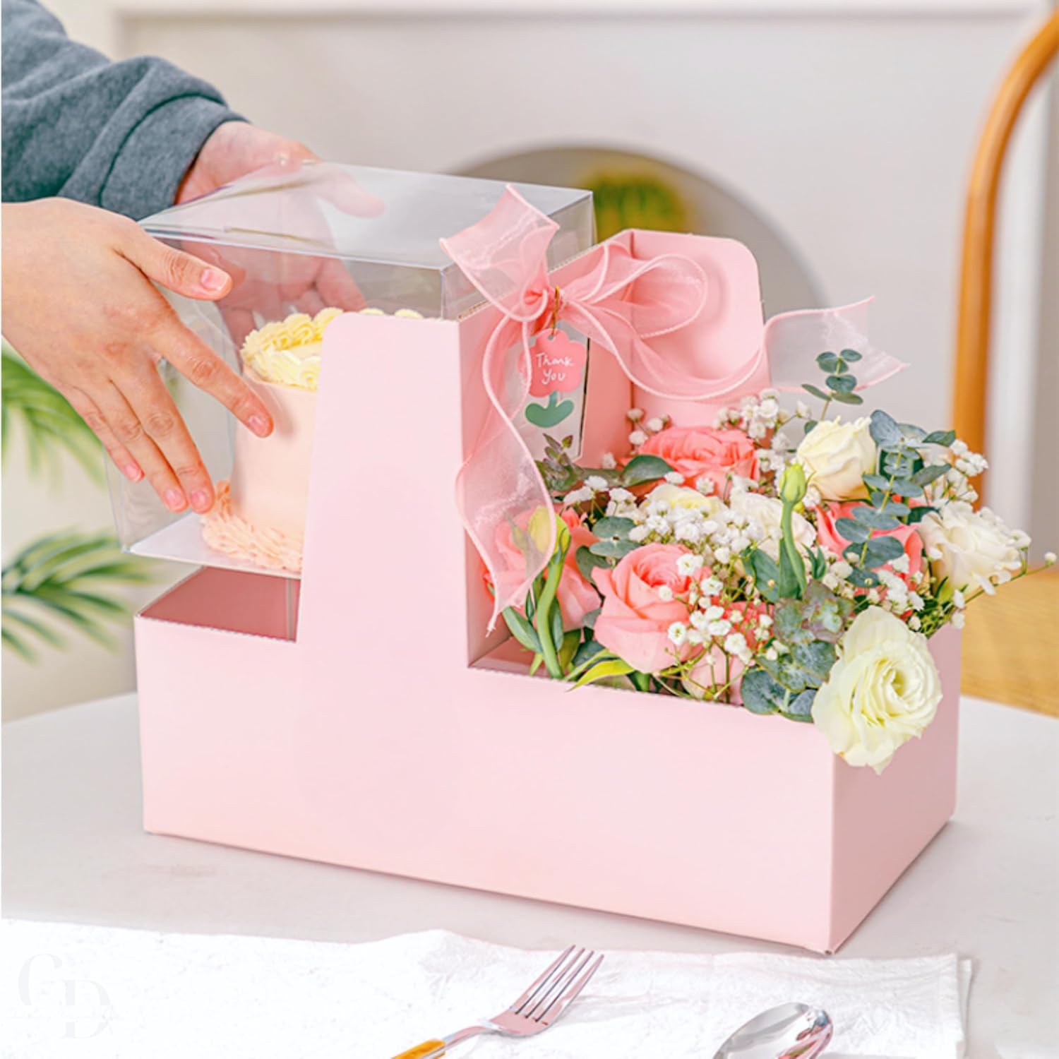 Chaney Depot LLC Premium Cake and Flowers Gift Box with Ribbon and Clear Box, Sturdy Quality- 10 Pack (Pink)