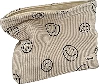 Gardsell Corduroy Cosmetic Bag for Women - Cute Smile Dots Makeup Organizer Pouch, Beige Aesthetic Travel Purse (10x7x2in)
