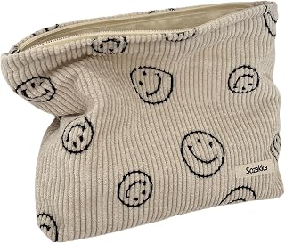 Gardsell Corduroy Cosmetic Bag for Women - Cute Smile Dots Makeup Organizer Pouch, Beige Aesthetic Travel Purse (10x7x2in)