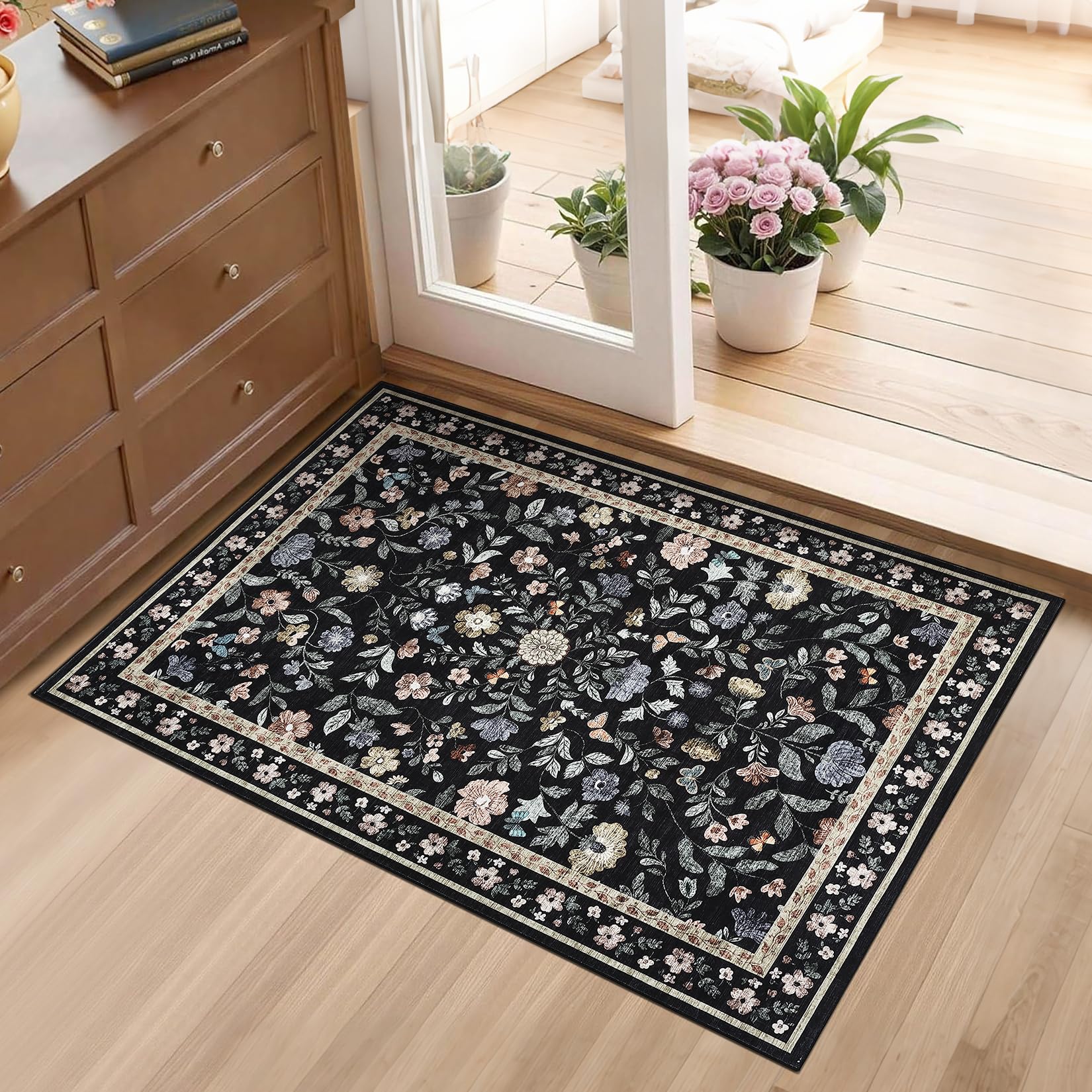 Floral Door Mat 60x100 cm for Entryway, Washable Bedside Rugs, Farmhouse Area Rugs for Kitchen, Foldable Soft Carpet, Non-Slip Indoor Floor Mat for Hallway, Black — image 1