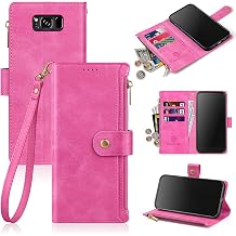 Antsturdy for Samsung Galaxy S8 Wallet Case with Card Holder Women Men,Galaxy S8 Phone Case RFID Blocking PU Leather Flip Shockproof Cover Wrist Strap Zipper Credit Card Slots,Hot Pink