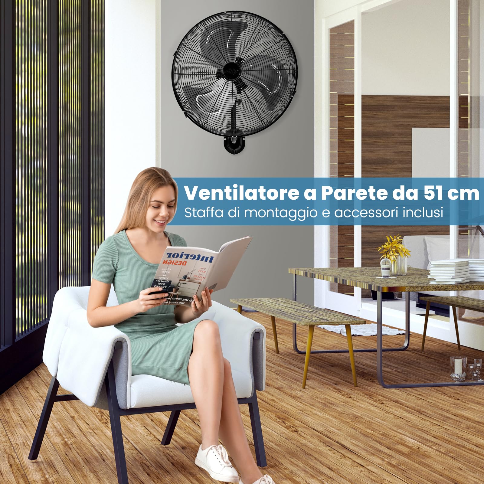 GYMAX Ventilatore da Parete con 3 Pale, Diametro 56 cm, 3 Livelli di Velocità, Kit Fissaggio Incluso, Grande e Potente, 120 W (Nero)