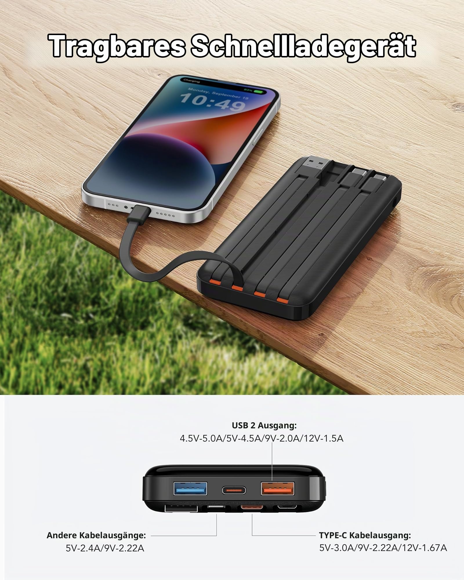 Charmast Powerbank mit integrierten Kabeln, 22,5 W 20000 mAh Powerbank Schnellladung, tragbares Ladegerät mit 5 Ausgängen und 4 Eingängen, kompatibel mit iPhone 17 16 15 14 13 12 11 Serie, Samsung