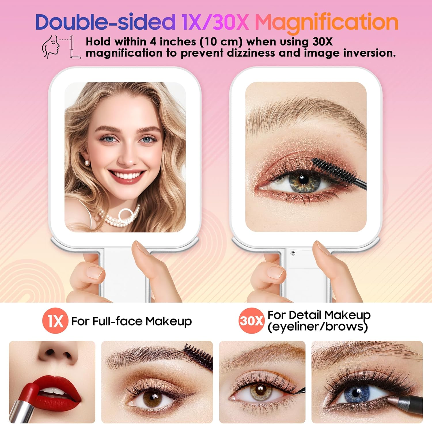 Magnifying Travel Mirror with Light, 30X/1X Double-Sided Magnifying Mirror with 3 Color Lights, Brightness Adjustable, Foldable Handheld Makeup Mirrors Portable for Travel and Desktop Use - Image 3