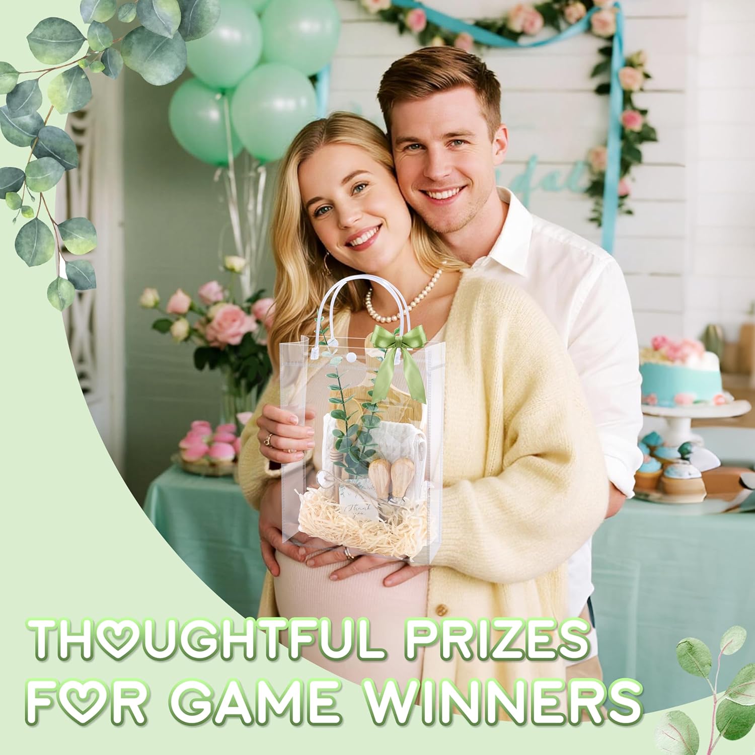 63 Pcs Baby Shower Prizes for Winners Baby Shower Game Prizes- 6 Set Bamboo Cutting Boards Gift Bulk with Knives Forks Spoons Towels Eucalyptus and Gift Bags for Wedding Bridal Shower Party Favor