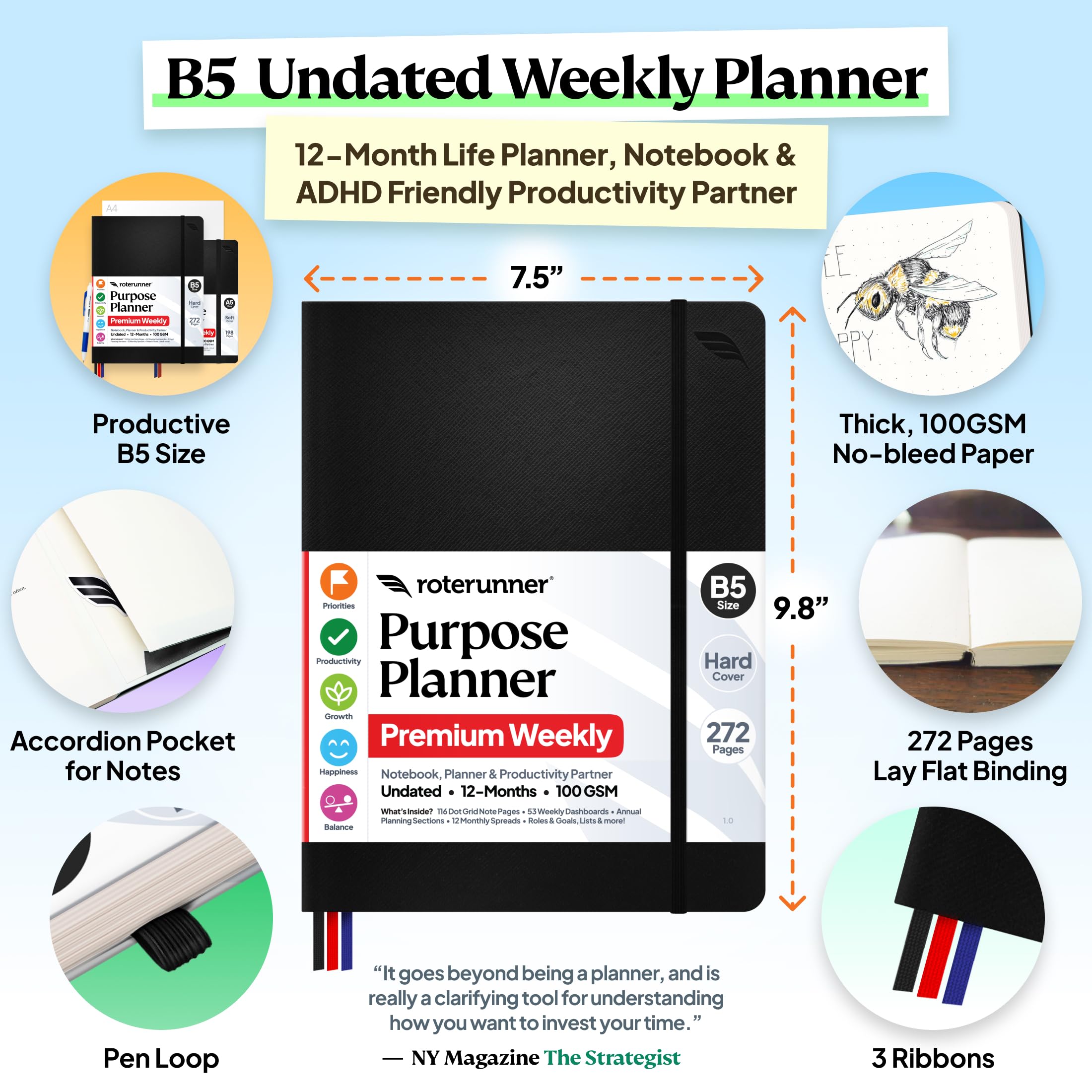Roterunner Agenda B5 19 x 24,9 cm, 12 mesi, non datato, 2026, giornaliera, settimanale e mensile, strumento per l'impostazione degli obiettivi di produttività, per lavoro, casa, ADHD, per adulti e