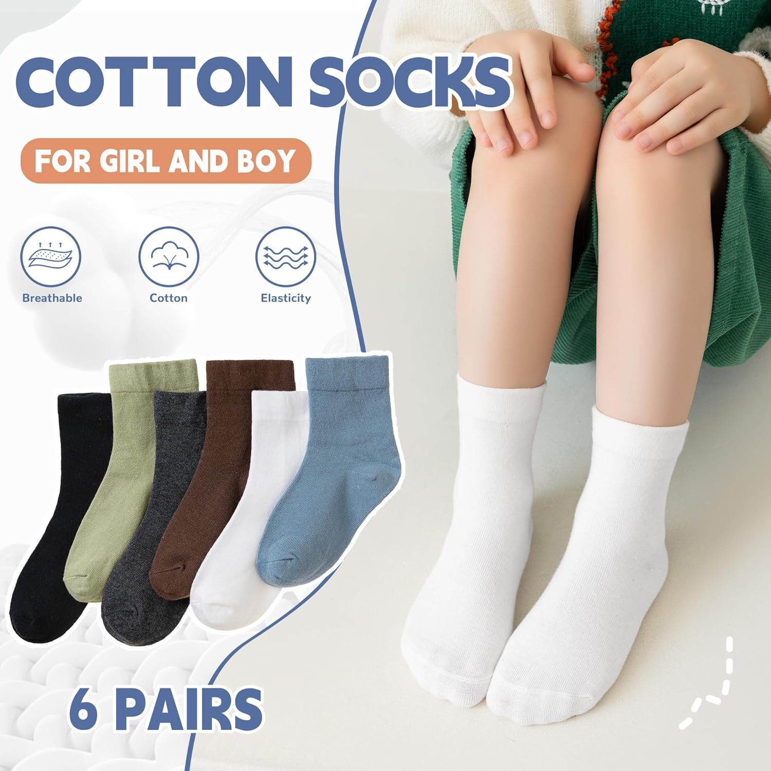 Kids Crew Cotton School Socks Youth Cute Casual Breathable Little Girls Boys Dress Socks 6 Pairs - Image 3