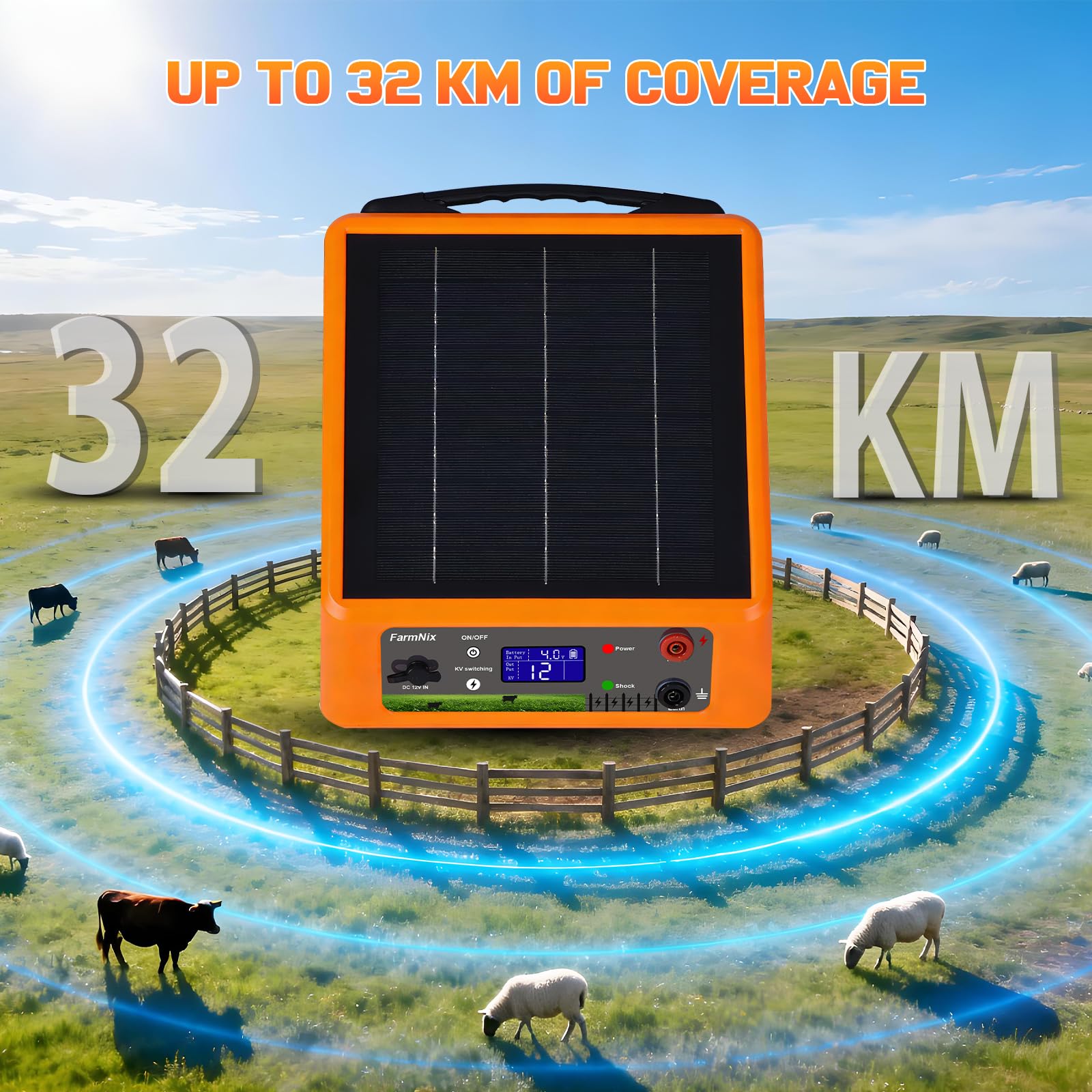Pastor Eléctrico Solar 32KM con Batería Litio 18Ah, Salida Ajustable 6-12KV 0.3-2.0J, Panel Solar 6W IP55 para Caballos, Ganado, Ovejas, Jabalíes
