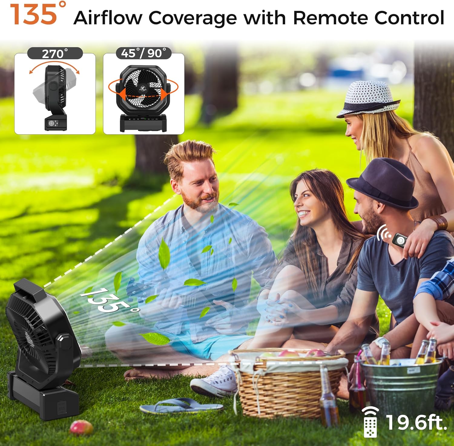 Camping Fan with Light - 20000mAh Rechargeable Battery Fan, 112Hrs Max Run Time, 8 Speeds, Digital Display, Timer, Auto Oscillation, 270° Pivot & Hook for Camping, Power Outage, Hurricane (Black) - Image 6