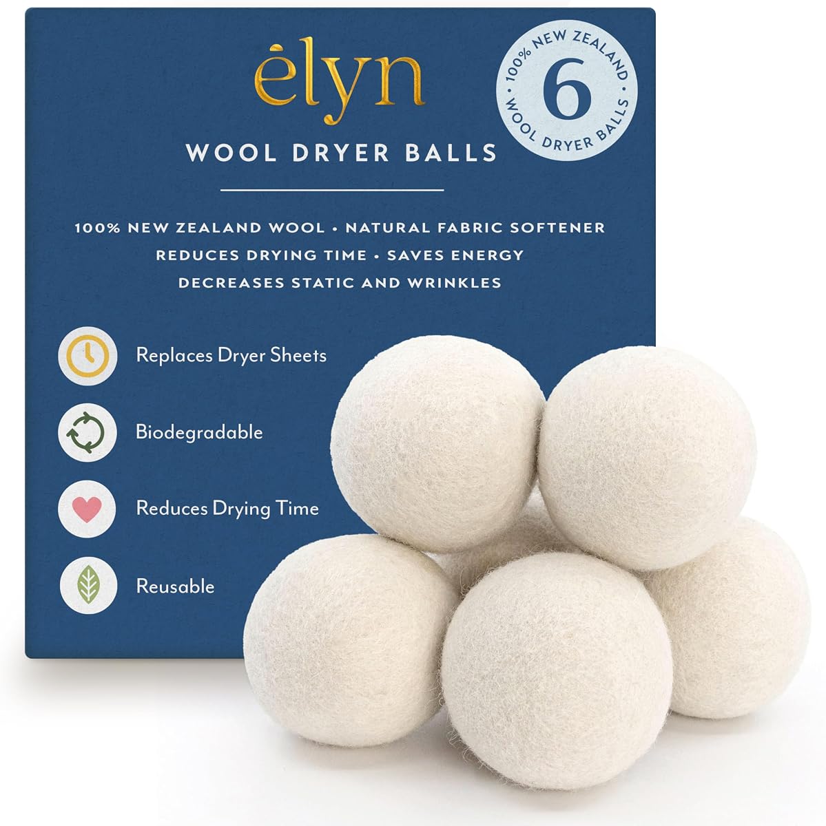 Paquete de 6 bolas de lana para secadora - XL, 100% lana de Nueva Zelanda, reutilizables y hechas a mano. Suavizante de telas natural sin fragancia, reduce las arrugas y disminuye el tiempo de secado (blanco)