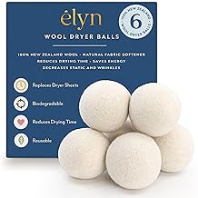 ELYN Wool Dryer Balls 6-Pack - XL, 100% New Zealand Wool, Reusable and Handmade. Fragrance-Free, Natural Fabric Softener, Reduce Wrinkles and Decrease Drying Time (White)