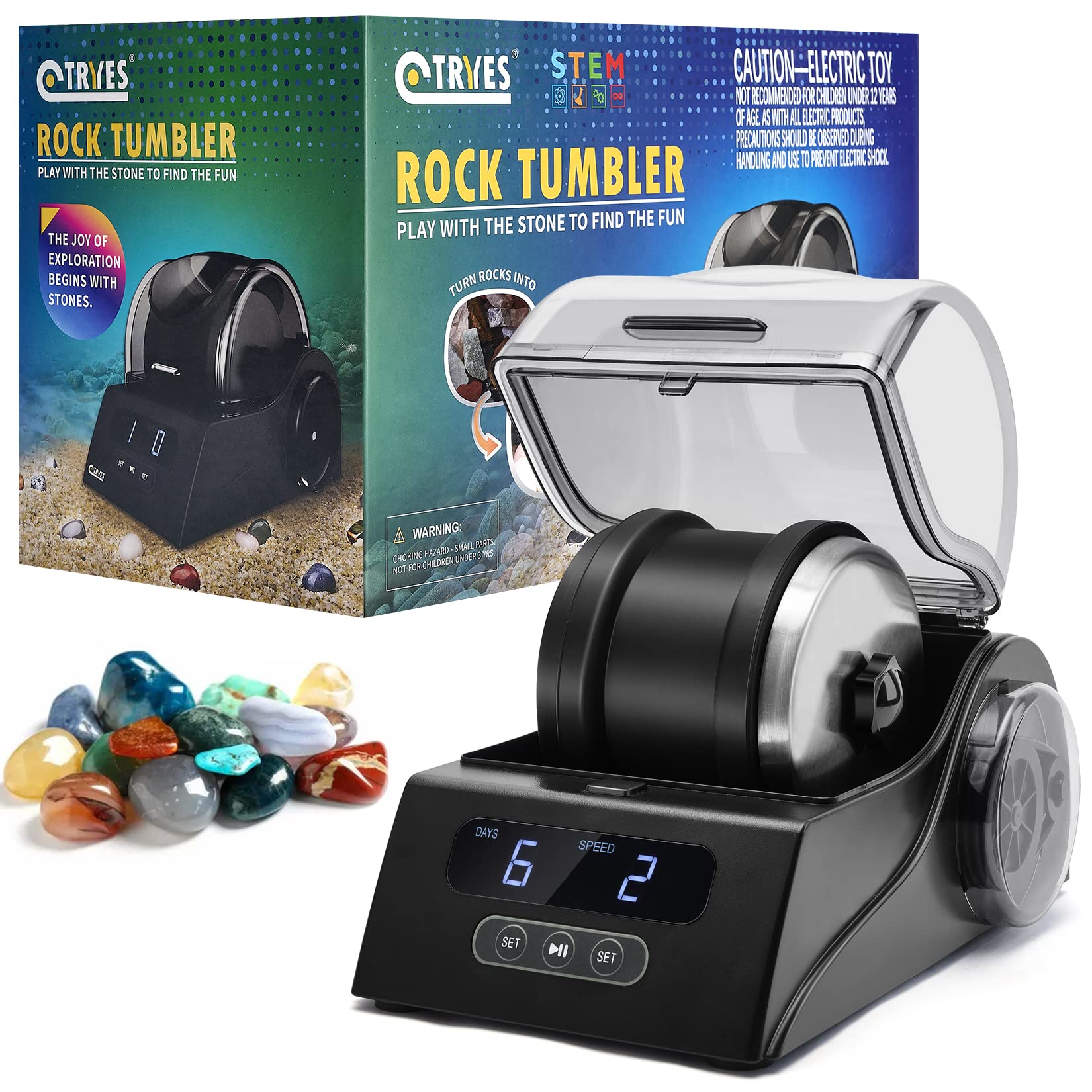 Juego de copa de falda para adultos, copa de pulido de rocas con cubierta reductora de ruido, control de velocidad y temporizador, incluye 4 frijoles pulidores, gemas en bruto, manual de cuero
