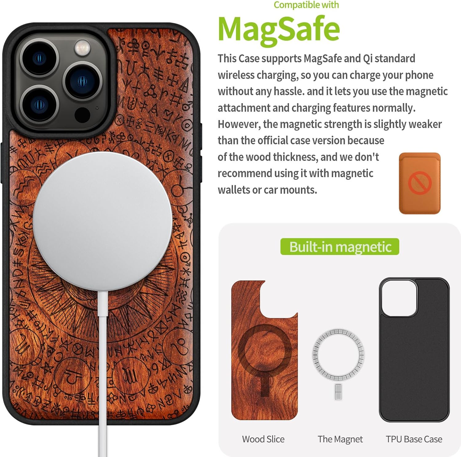 Carveit Magnetic Wooden Case for iPhone 15 Pro Max Case, Compatible with MagSafe Wireless Chargers, Black Soft TPU Shockproof Cover & Wood Artisan Engraved (Sun and Moon) - Rosy