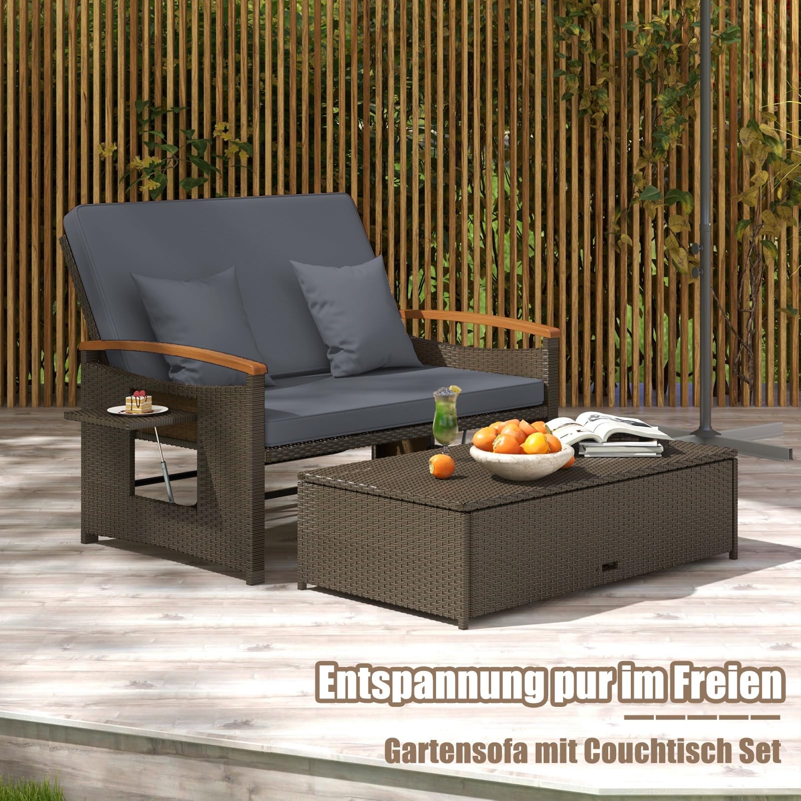 GIANTEX Lounge Möbel Outdoor, Outdoor Sofa, Gartensofa mit Liegefunktion, Garten Doppelliege Gartenliege 2 Personen, Gartenlounge Rattan, Balkon Lounge Sofa, Daybed Garten, Balkonsofa Kleiner Balkon