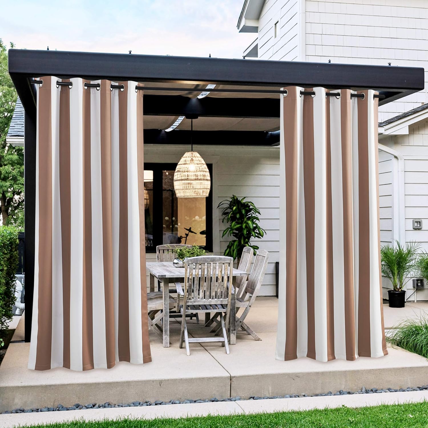 NICETOWN 2 Panels Outdoor Waterproof Patio Curtains, Rustproof Grommet Light Blocking Thermal Insulated Indoor Outdoor Vertical Drapes Sound Reducing for Pergola, Tan & White, W52 x L84