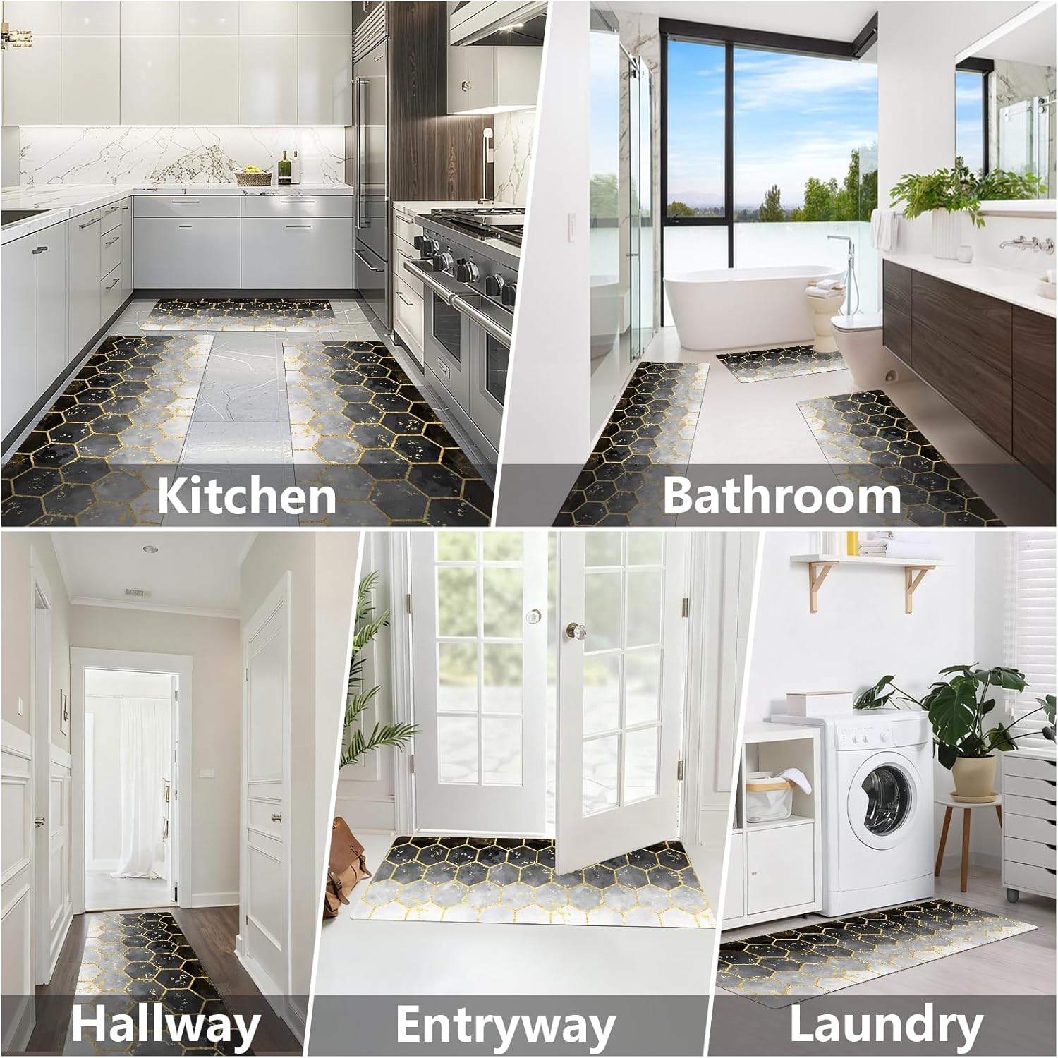Kitchen Mats for Floor 3 Pieces Set, Non Slip Cushioned Runners Waterproof Comfort Kitchen Rugs and Mats Farmhouse Chef Mat Carpet for Sink and Stove Combo, Laundry Room, Hallway, Entryway, Bathroom