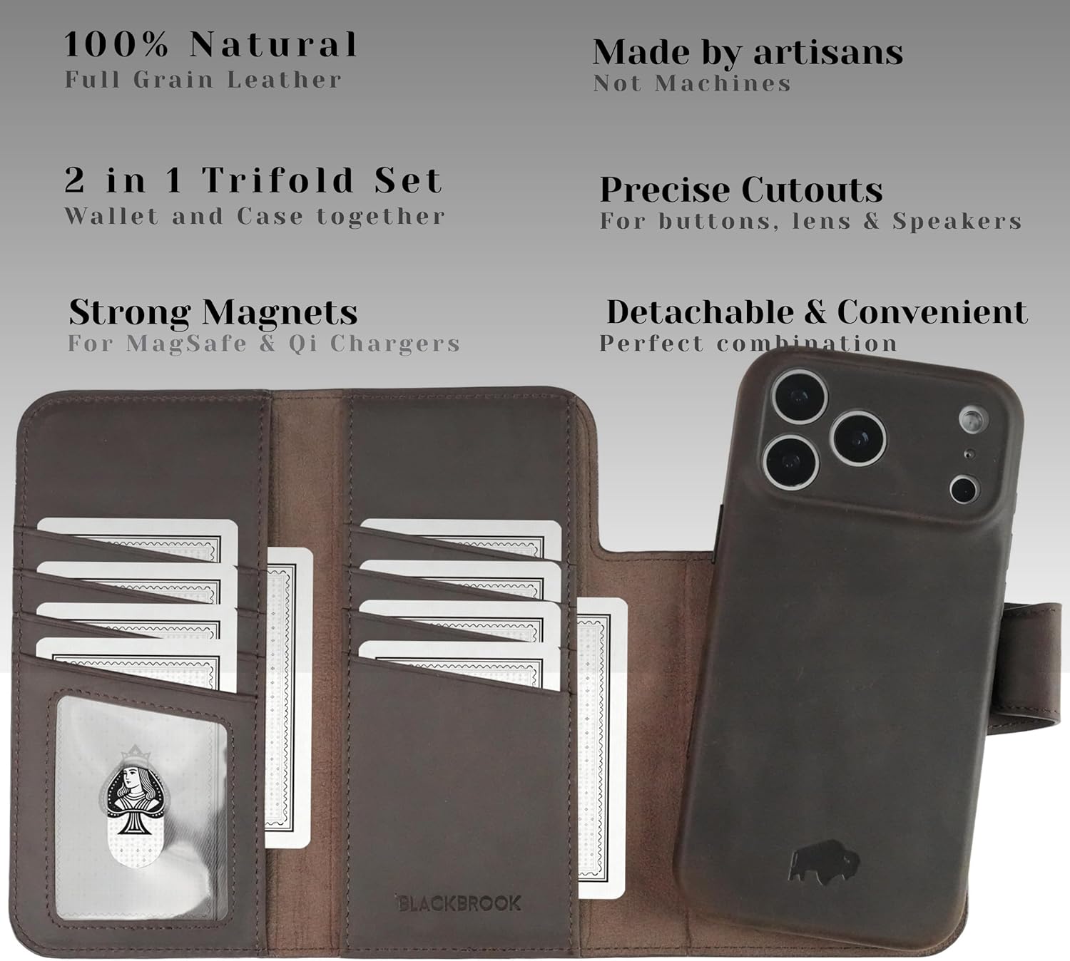 BLACKBROOK Tri-fold Wallet Case for iPhone 17 Pro Max – Tudor Wallet and Case Set, Designed for MagSafe and Wireless Charging, RFID Shield – Full Grain Leather, 8 Card Slots & 2 Cash Pockets