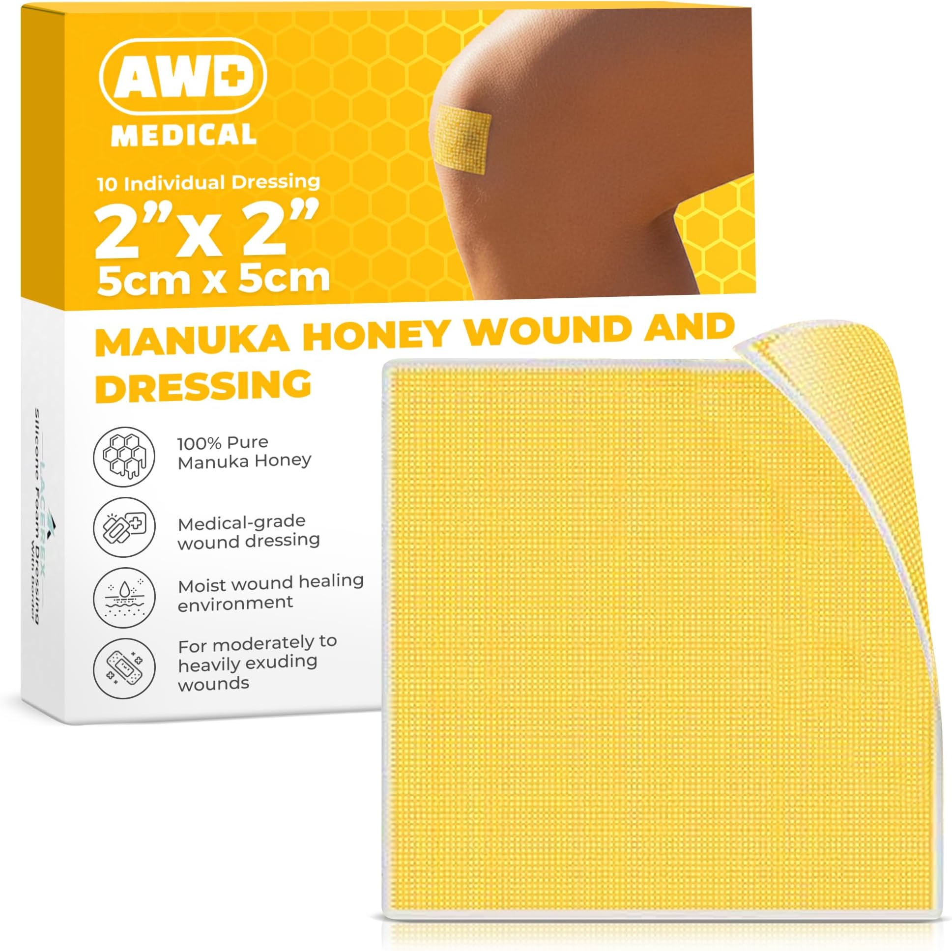 AWD Manuka Honey Gauze Dressing - 100% Impregnated Medical Grade Honey Patches - Medical Supplies, Wound Care, and First Aid - Gauze Pads 10 Count (2"x2")