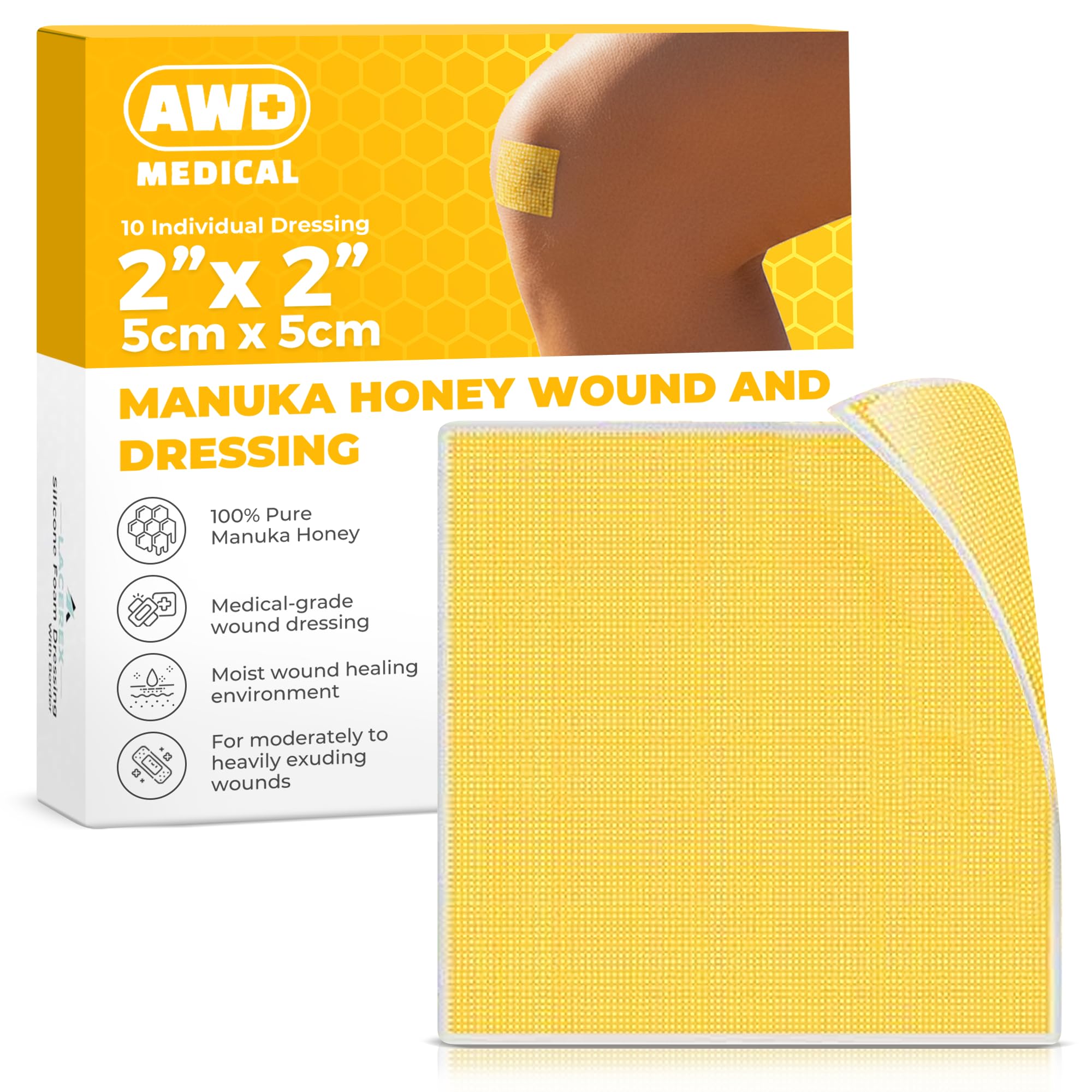 AWD Manuka-Honiggaze-Verband – 100 % imprägnierte medizinische Honigpflaster – Medizinbedarf, Wundpflege und Erste Hilfe – Mullpads (5,1 x 5,1 cm, 10 Stück)