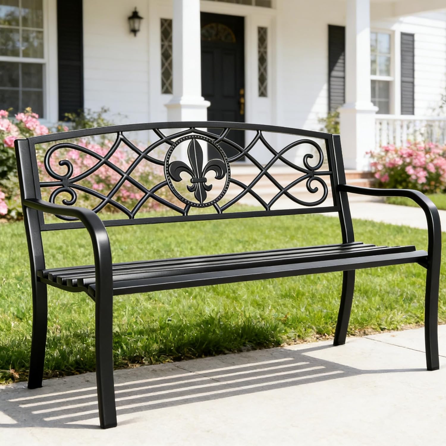 YLGJ&TIDY 50 Inches Garden Benches for Outdoor Patio Bench with Floral Pattern Backrest Armrest Weatherproof Park Benches Metal Bench for Garden Park Porch Lawn Yard (BENCH01)