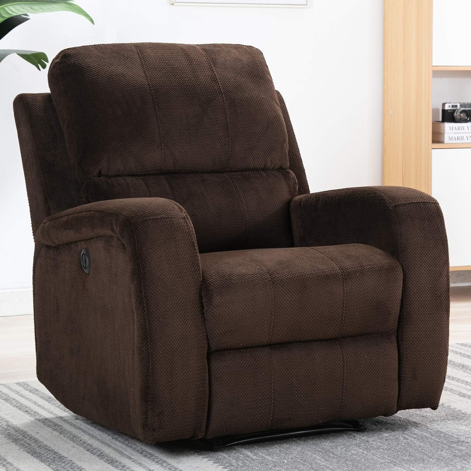 Bonzy Home Power Recliner Chair Velvet - Overstuffed Electric Velvet Fabric Recliner Chair with USB Charge Port - Home Theater Seating - Bedroom & Living Room Chair Recliner Sofa (Dark Brown)