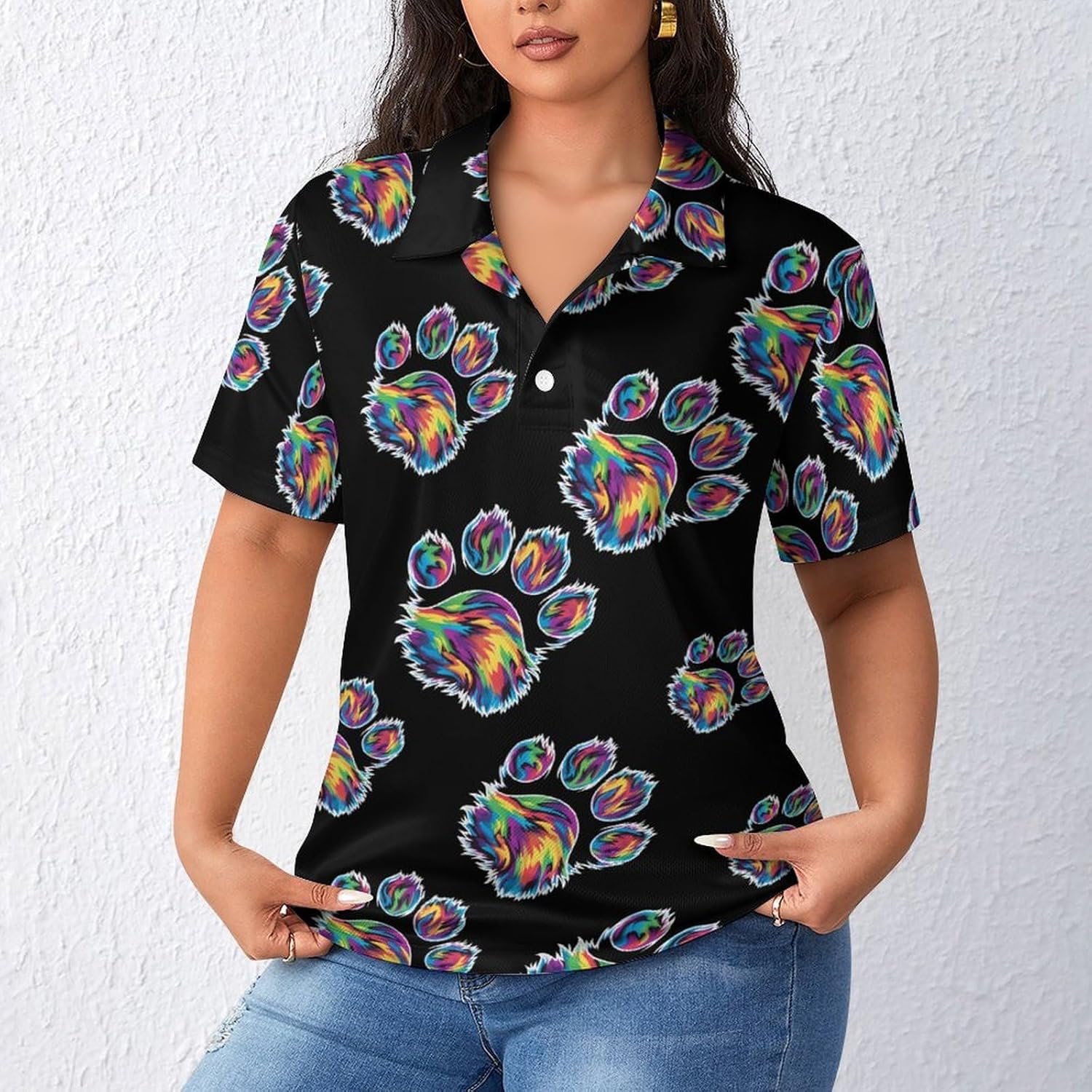 Tie Dye Cat Dog Paw Womens Golf Polo Shirts Summer Short Sleeve Collared 3 Buttons T Shirt Activewear Tops