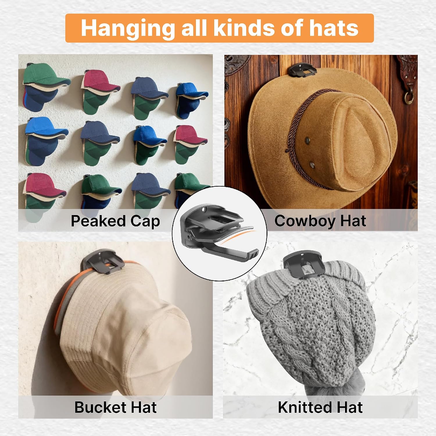 8 Packs Hat Organizer ，Holds 40 Hats with Built-in Spring Clips & Hook for Baseball Caps - Wall Mount Closet Hat Rack Holder, Storage for Door/Closet Hat Hanger (Strong Adhesive & Screws)