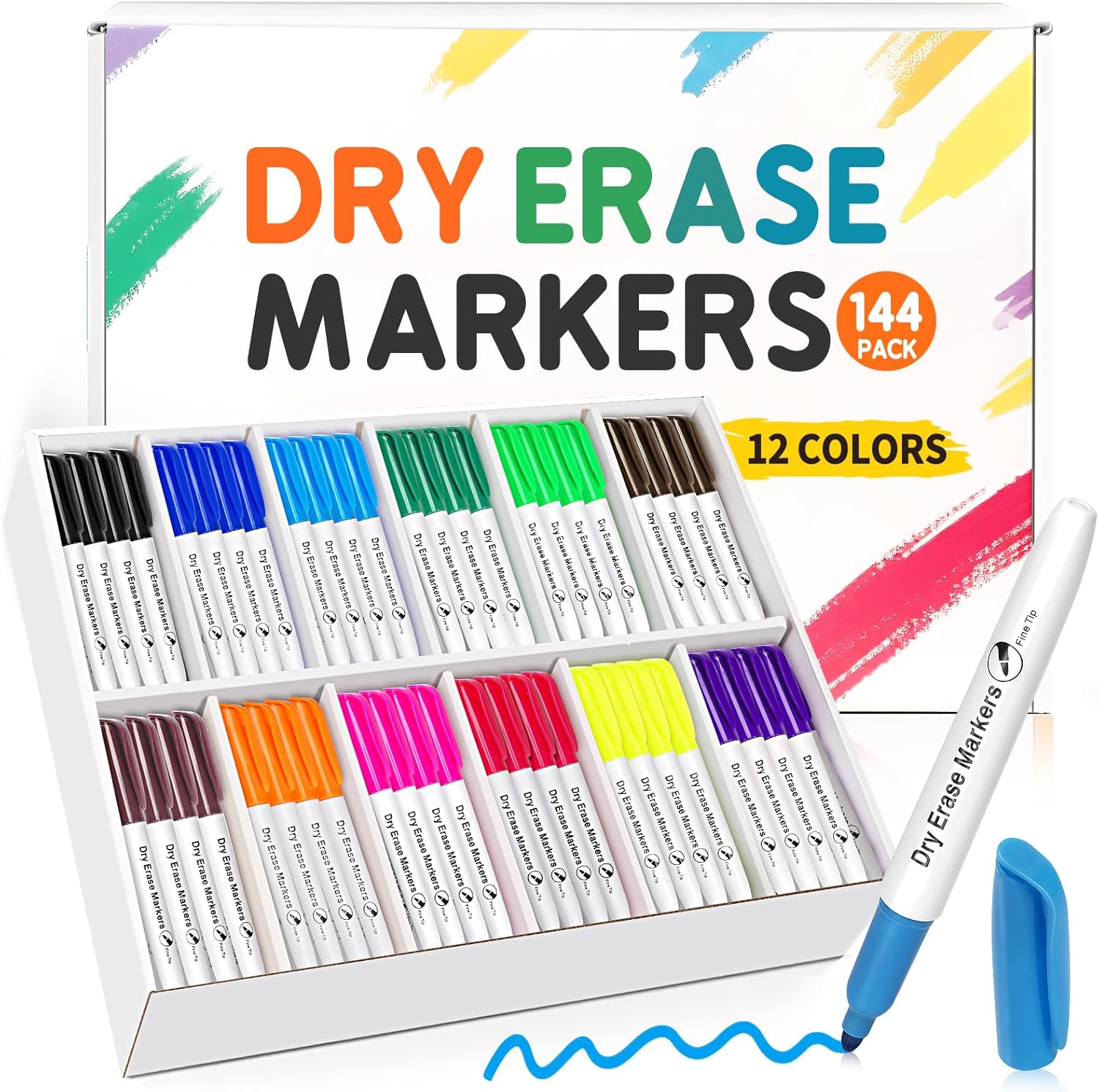 V-Opitos 144 Pack Fine Tip Dry Erase Markers - Bulk Whiteboard Erasable Markers in 12 Colors, Ideal for School Classroom Office Supplies, Non-Toxic & Easy Clean for White board