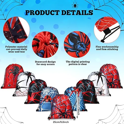 Vista 22 de Lothee 32 piezas de recuerdos de fiesta de araña, decoración de fiesta de cumpleaños con temática de telaraña de Halloween, bolsas con cordón