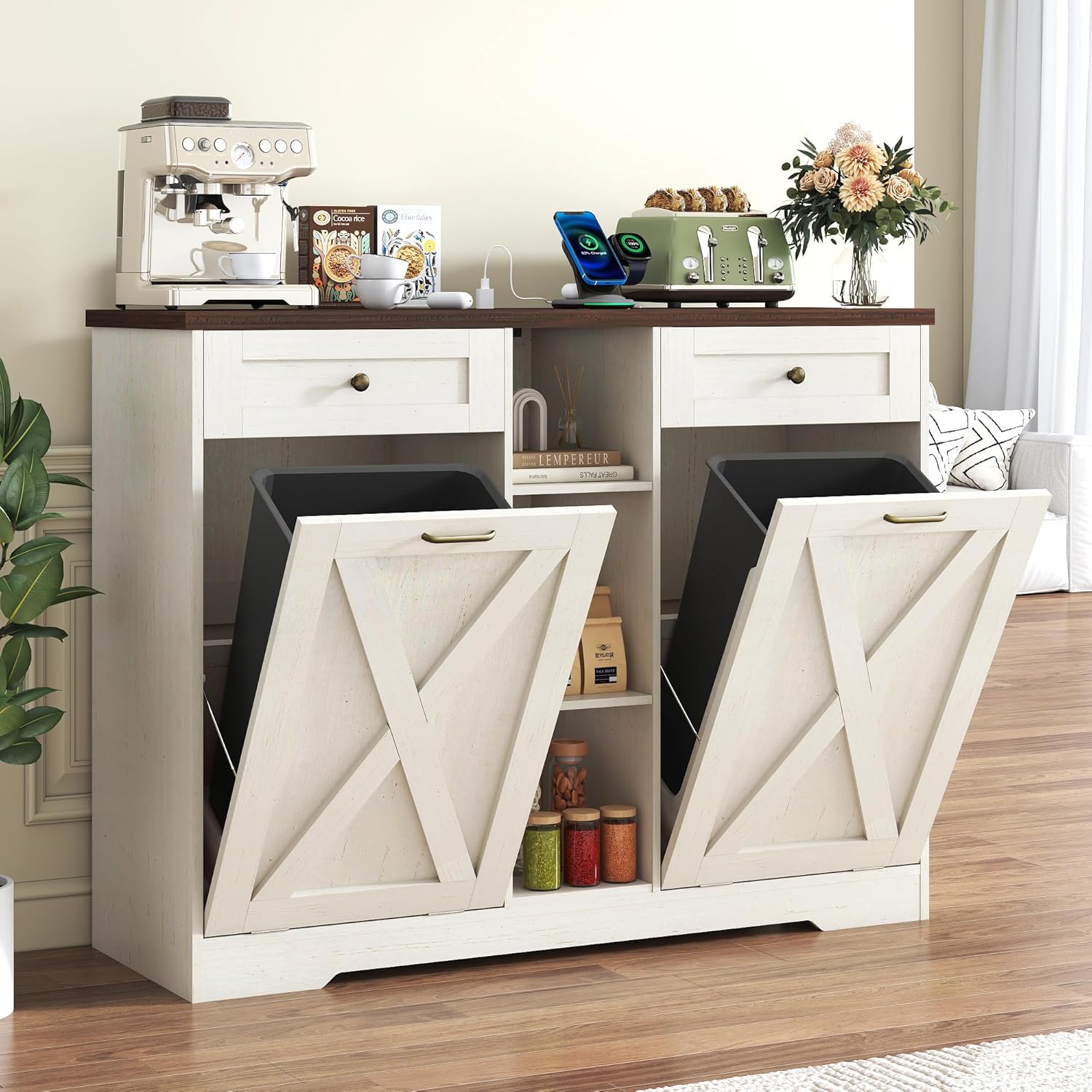 Double 10 Gallon Tilt Out Trash Can Cabinet, Wooden Trash Cabinet with Deodorizing Function and Charging Station, 2 Storage Drawers & 3 Open Compartments for Kitchen, Bathroom, Living Room, White