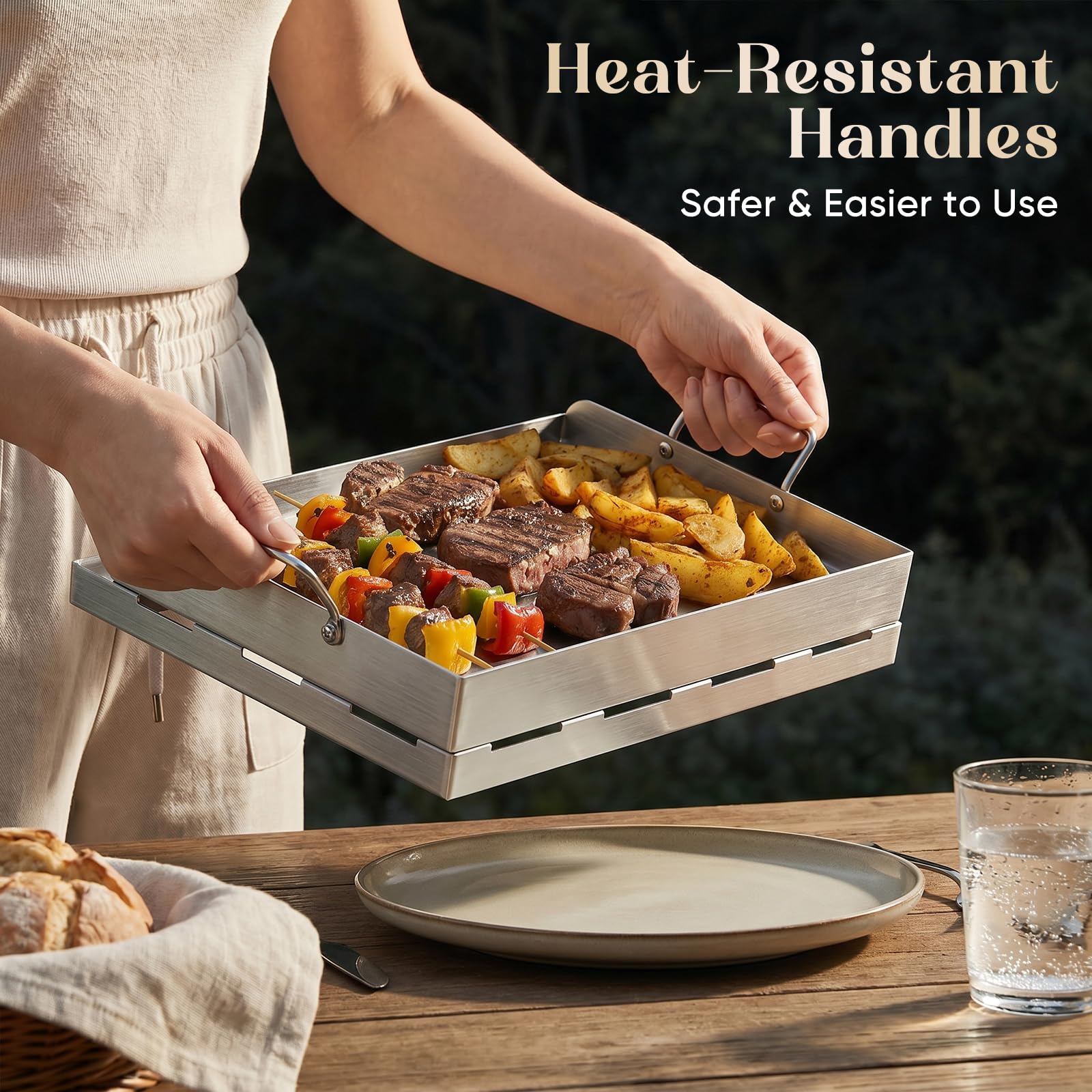 Piastra per barbecue in acciaio inox, 54 x 41 cm, grande piastra con 2 spatole, piastra per barbecue con manico rimovibile e canalina di raccolta grasso alta 3 cm, per barbecue a gas e