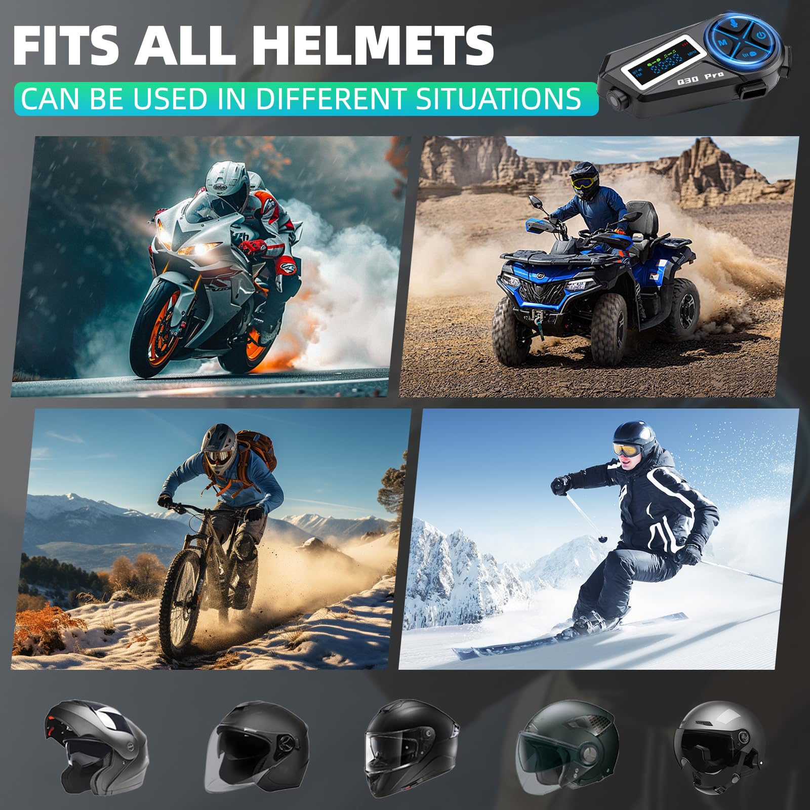 Cuffie audio Bluetooth, citofono per cuffie moto Bluetooth 5.4 con stereo Hi-FI e radio FM, IP65 impermeabile, comunicazione 500 m, autonomia 18 ore, compatibile con tutti i caschi (moto, sci)