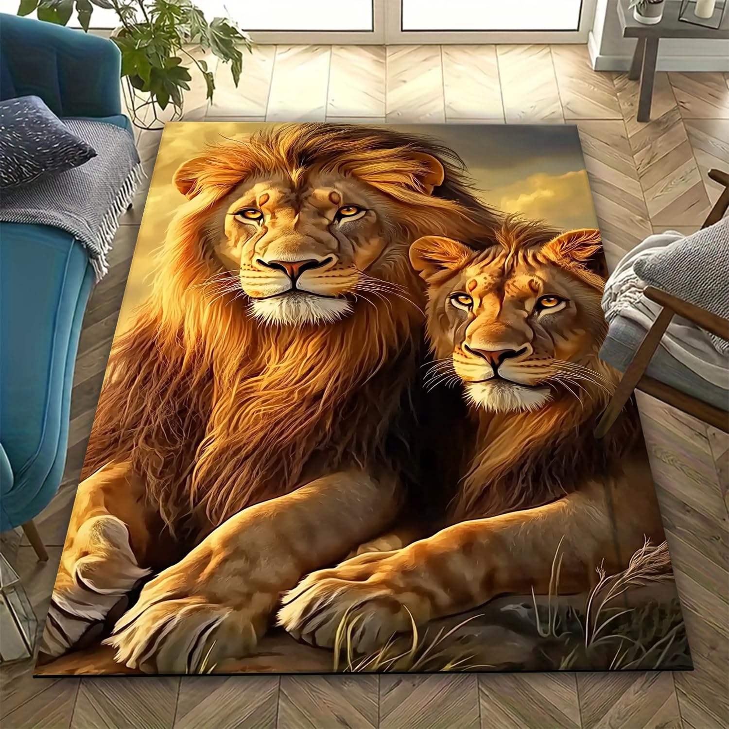 Tapis de salon antidérapant grand format motif lion 3D pour sécuriser la chambre enfant